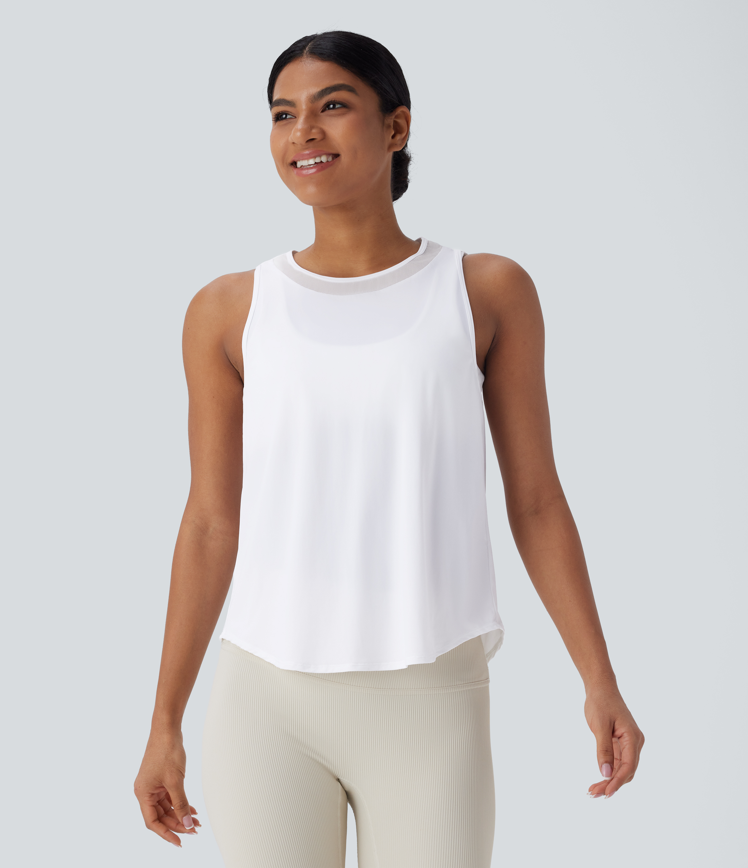 Halara Contrast Mesh Curved Hem Cool Touch Quick Dry Running Tank Top Tank Top - White - L golf tops halter top tunic tops sleeveless tops 