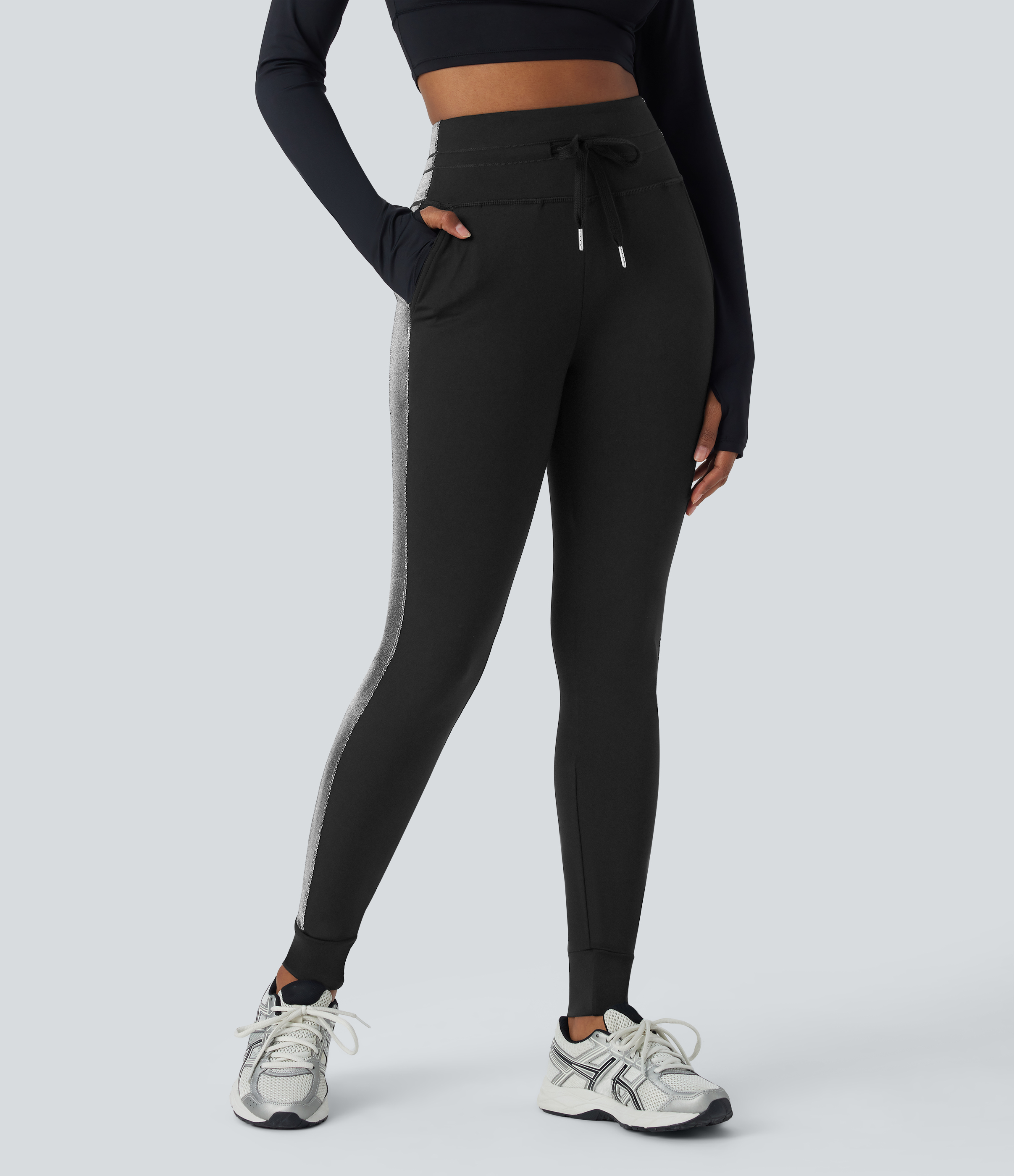 Halara Softlyzeroв„ў Airy High Waisted Drawstring Side Pocket Color Block Full Length Cool Touch Yoga Joggers  - Black - L(regular) 