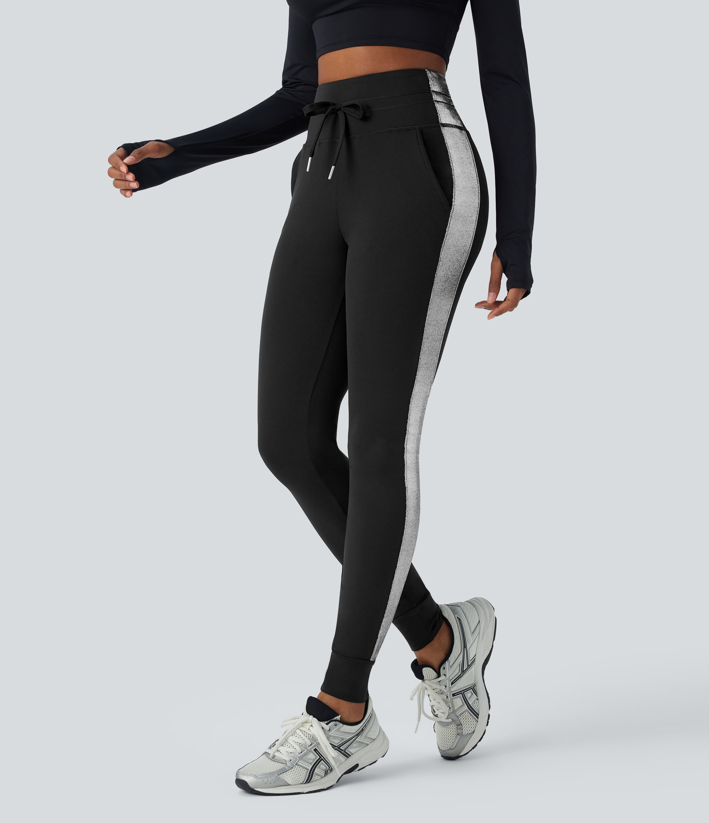 Halara Softlyzeroв„ў Airy High Waisted Drawstring Side Pocket Color Block Full Length Cool Touch Yoga Joggers  - Black - L(regular) 