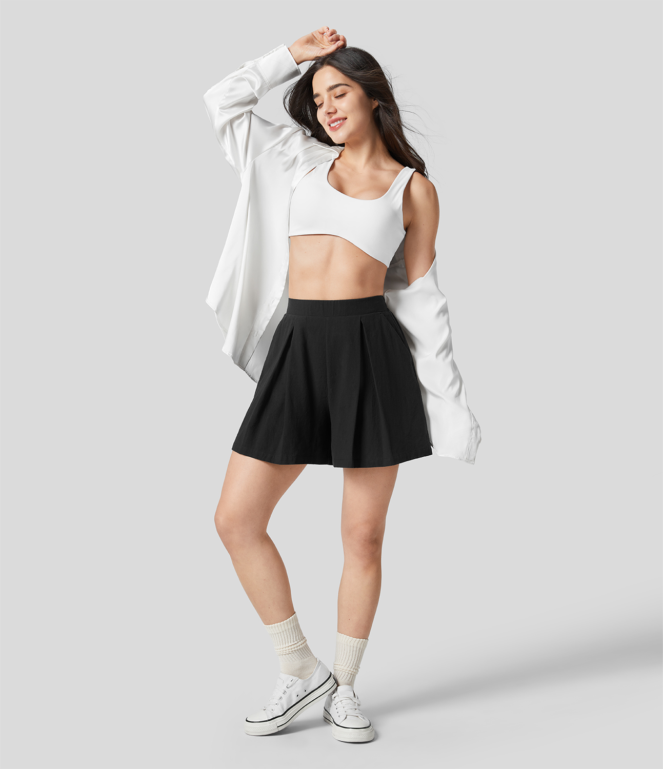 

Halara High Waisted Plicated Side Pocket Casual Linen-Feel Shorts - Black