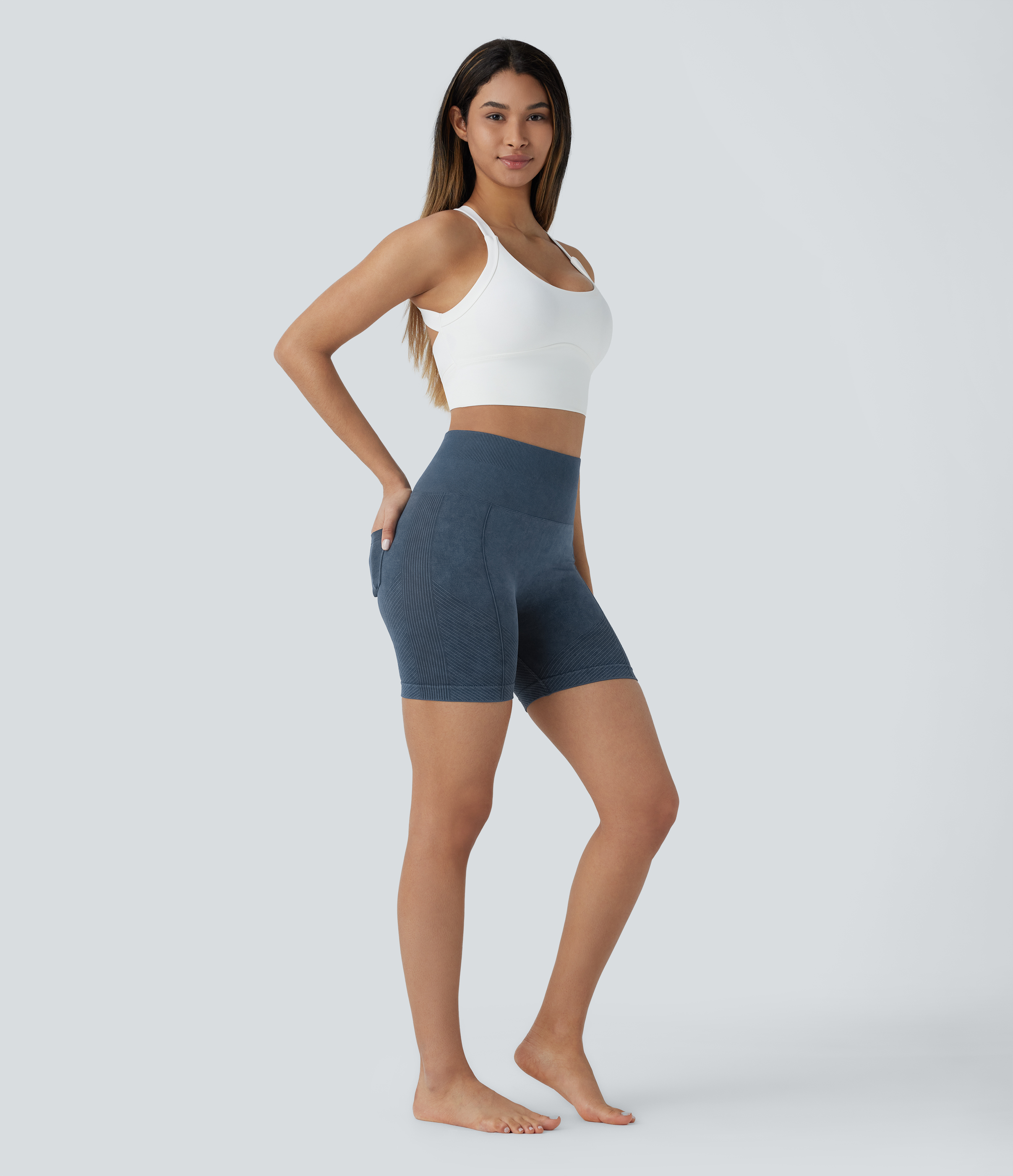 Halara Seamless Flow High Waisted Back Pocket Washed Yoga Biker Shorts 5.5``  - Peacoat - XS(regular) biker shorts women black biker shorts 