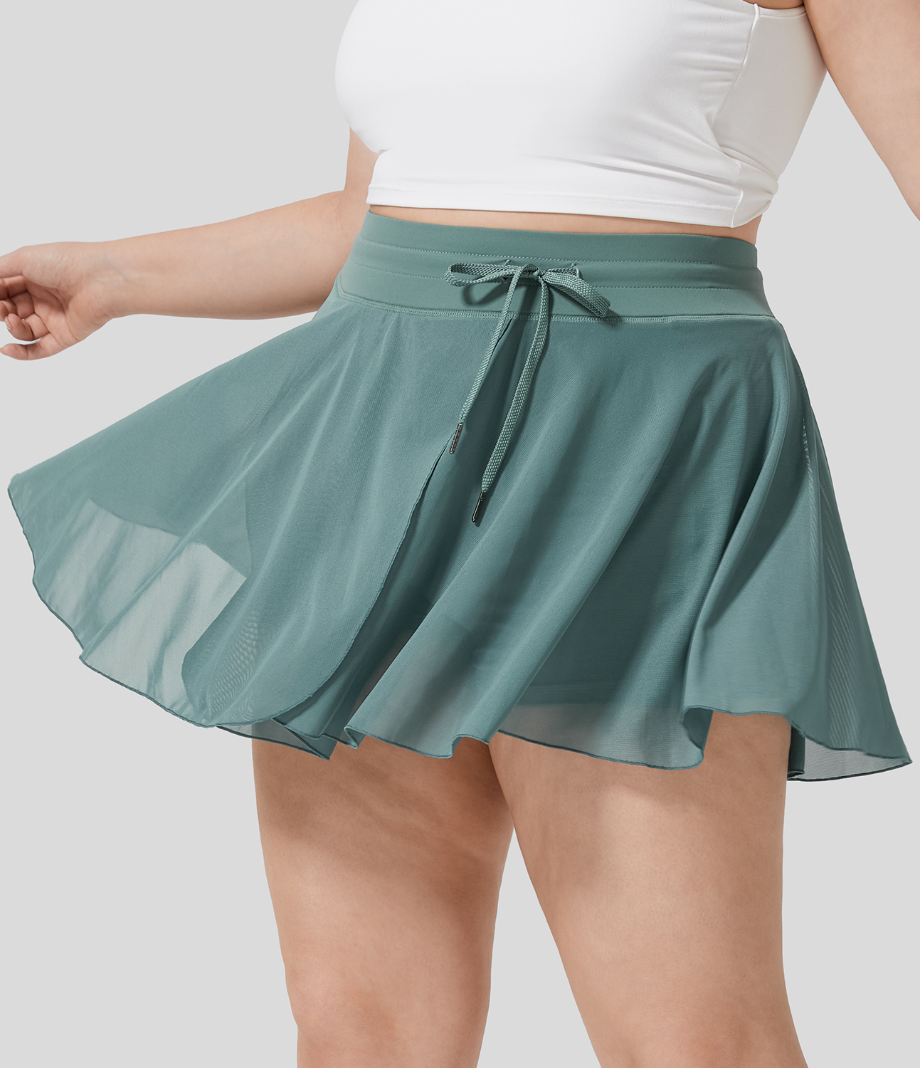 Halara High Waisted Drawstring Contrast Mesh 2-in-1 Side Pocket Flowy Mini Flare Casual Plus Size Skirt  - Dusty Turquoise - 1X 
