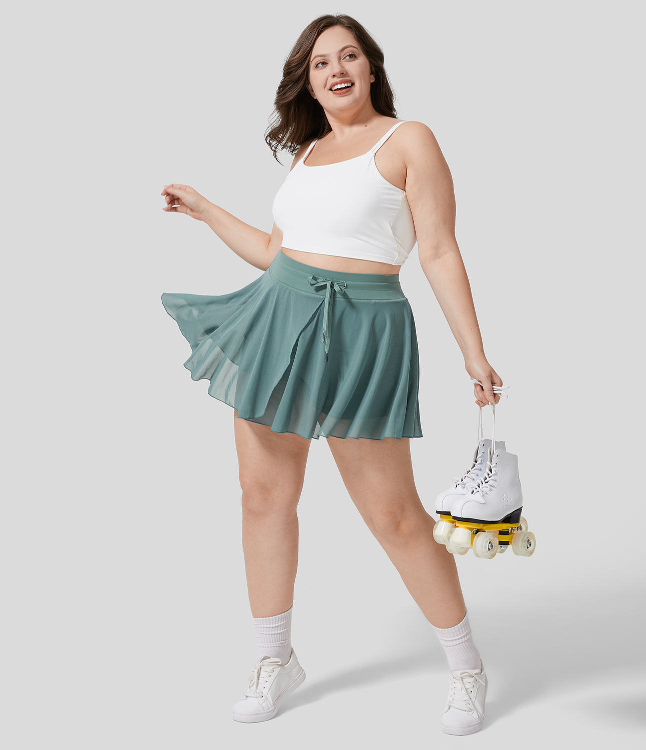 Halara High Waisted Drawstring Contrast Mesh 2-in-1 Side Pocket Flowy Mini Flare Casual Plus Size Skirt  - Dusty Turquoise - 1X 