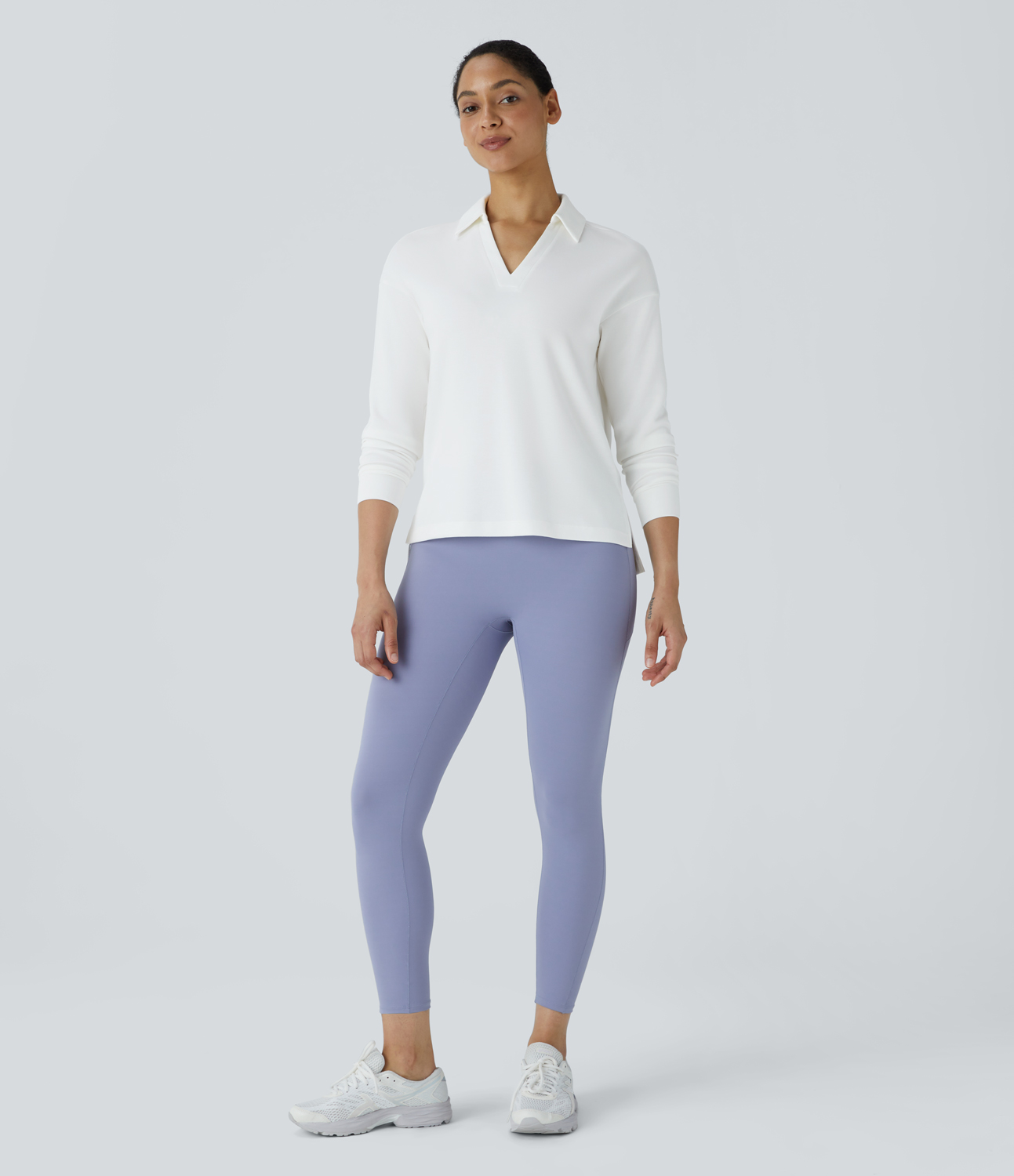 Halara Polo V Neck Long Sleeve High Low Split Hem Yoga Sports Top  - White - S 