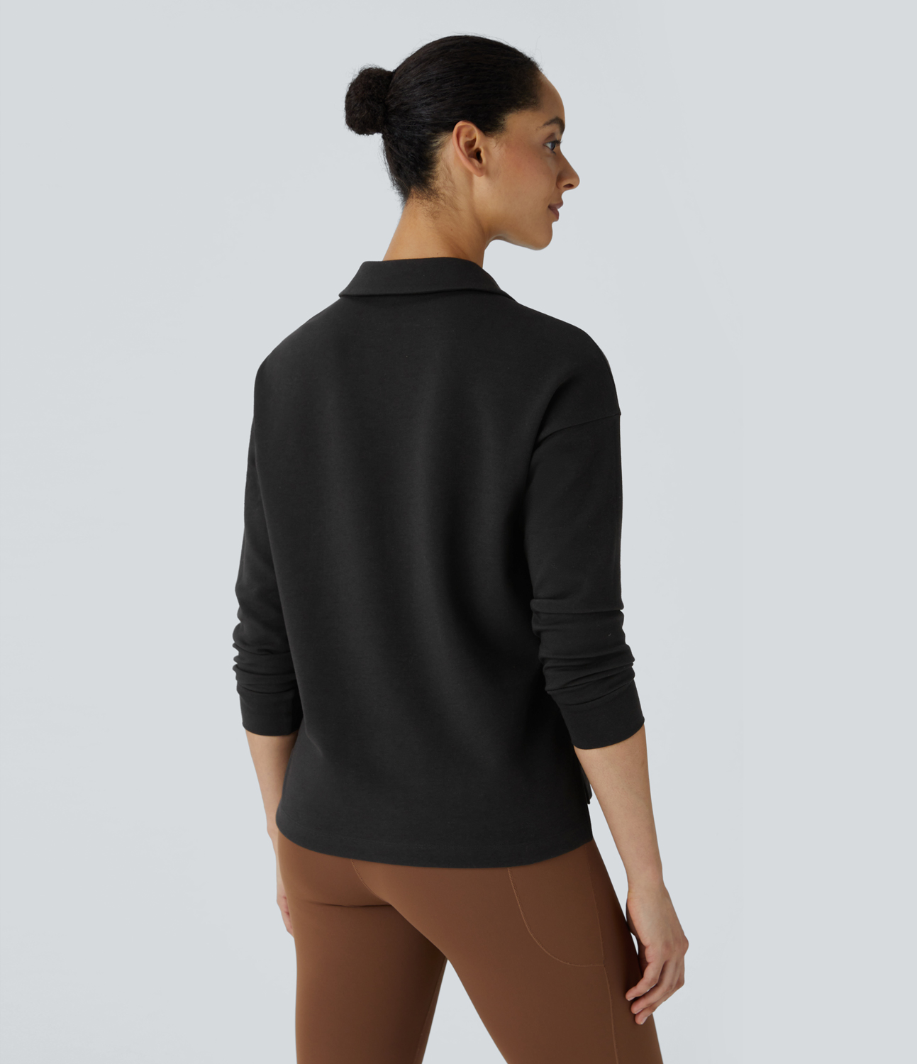 Halara Polo V Neck Long Sleeve High Low Split Hem Yoga Sports Top  - Black - S 