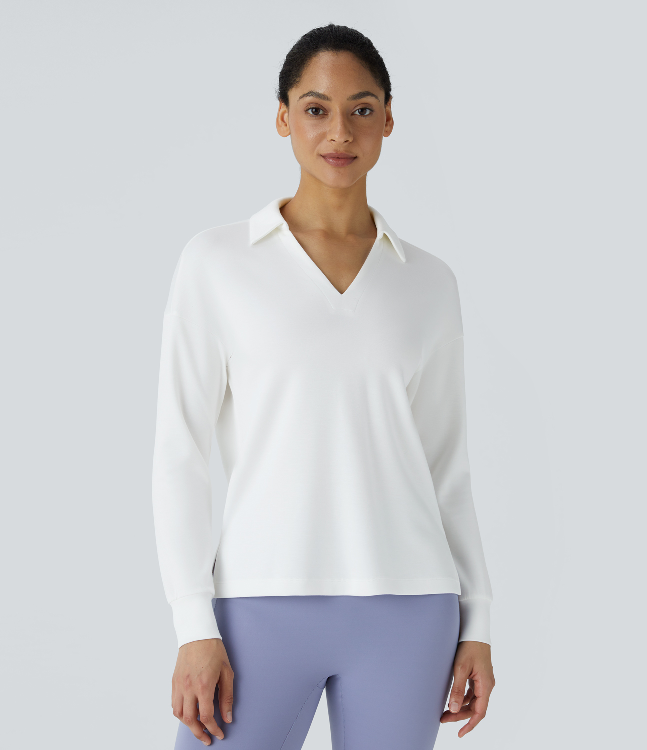 Halara Polo V Neck Long Sleeve High Low Split Hem Yoga Sports Top  - White - S 
