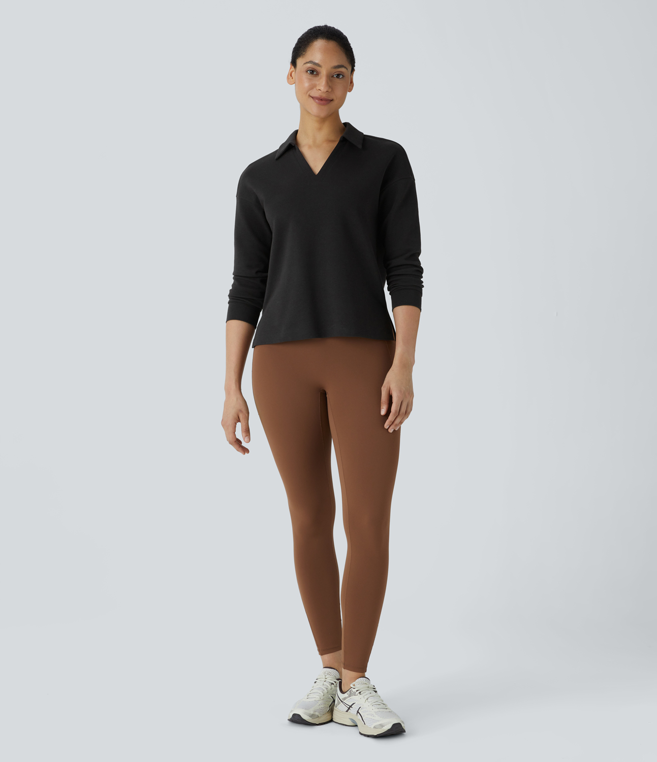 Halara Polo V Neck Long Sleeve High Low Split Hem Yoga Sports Top  - Black - S 
