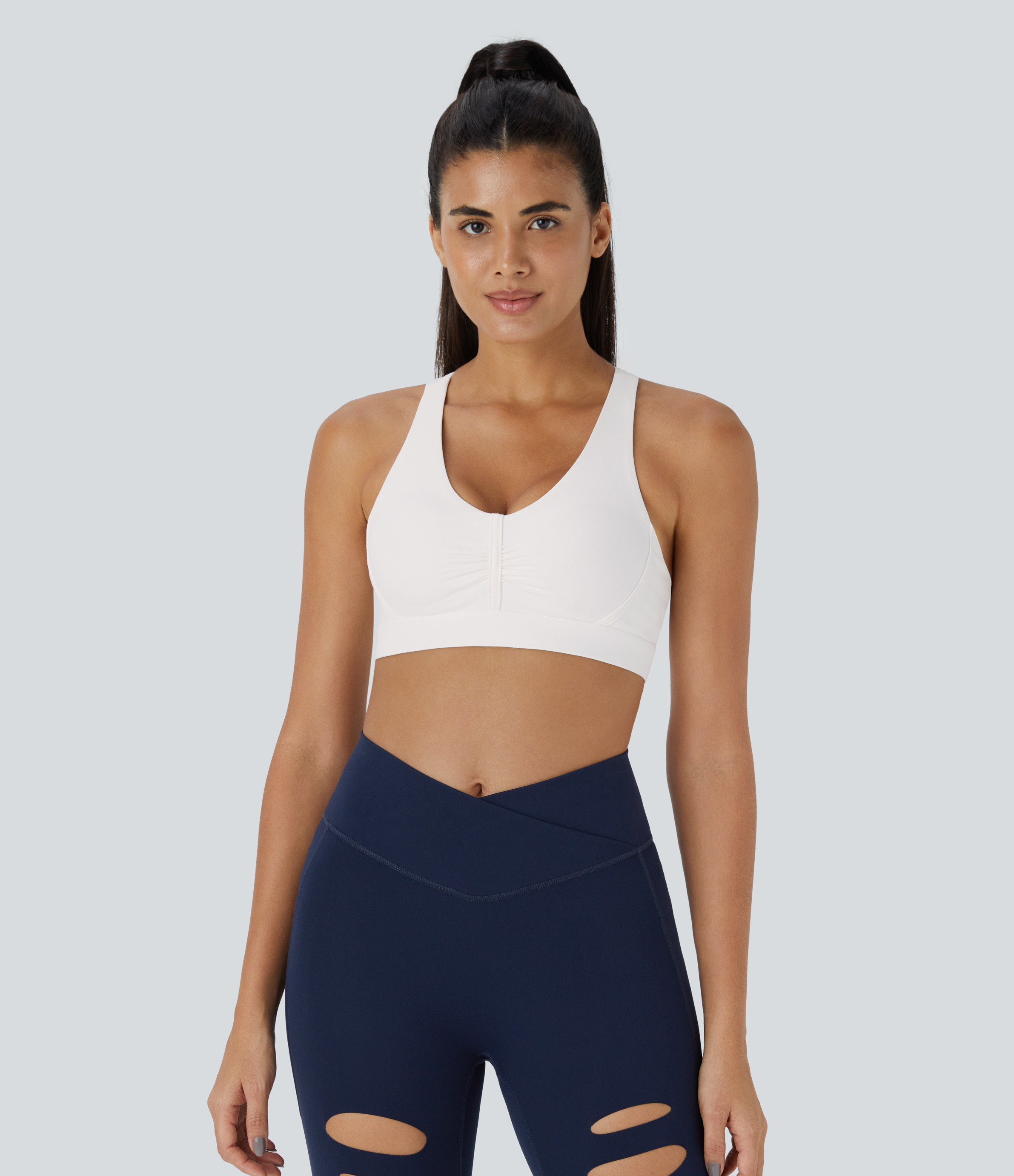 Halara Softlyzeroв„ў Plush Low Support Backless Ruched Color Block Yoga Sports Bra  - White - XL push up bra strapless bra backless bra 