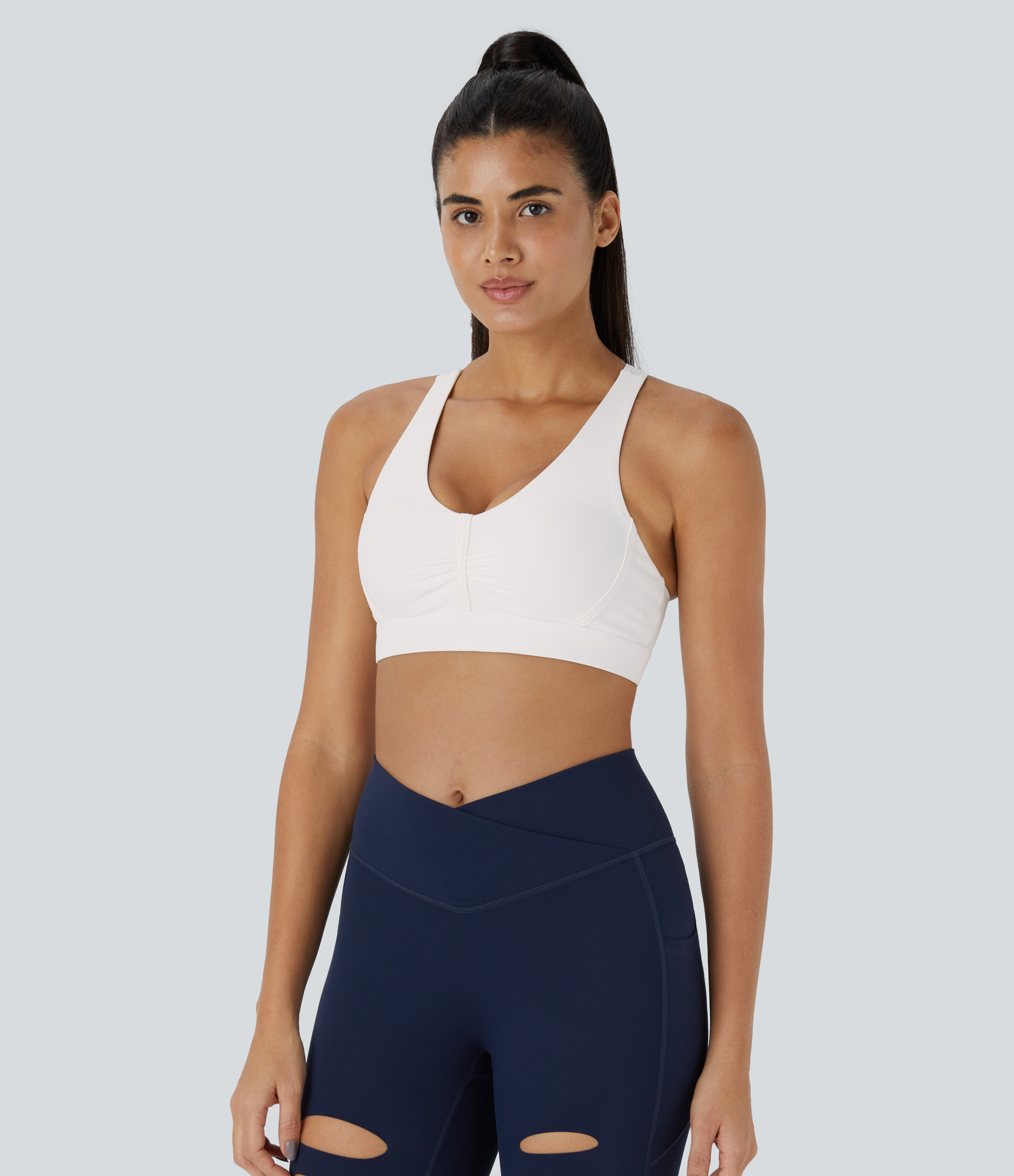 Halara Softlyzeroв„ў Plush Low Support Backless Ruched Color Block Yoga Sports Bra  - White - XL push up bra strapless bra backless bra 