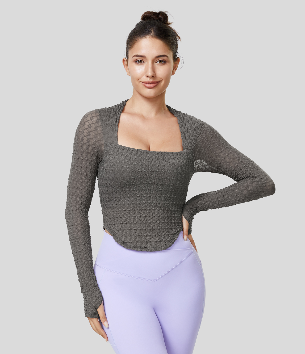 Halara Square Neck Long Sleeve Thumb Hole Curved Hem Contrast Mesh Solid Yoga Sports Top  - Rock Ridge - XS 