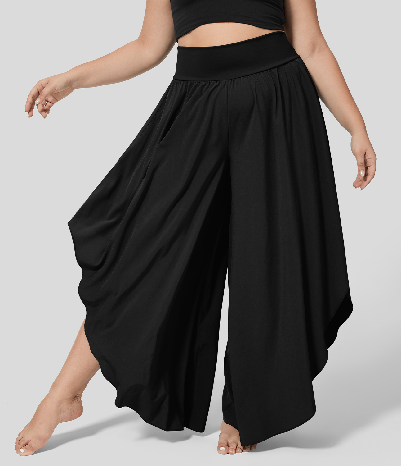 Halara Breezeful™ High Waisted Back Waistband Pocket Palazzo Flowy Ruffle Wide Leg Quick Dry Dance Plus Size Pants - Black - 1X