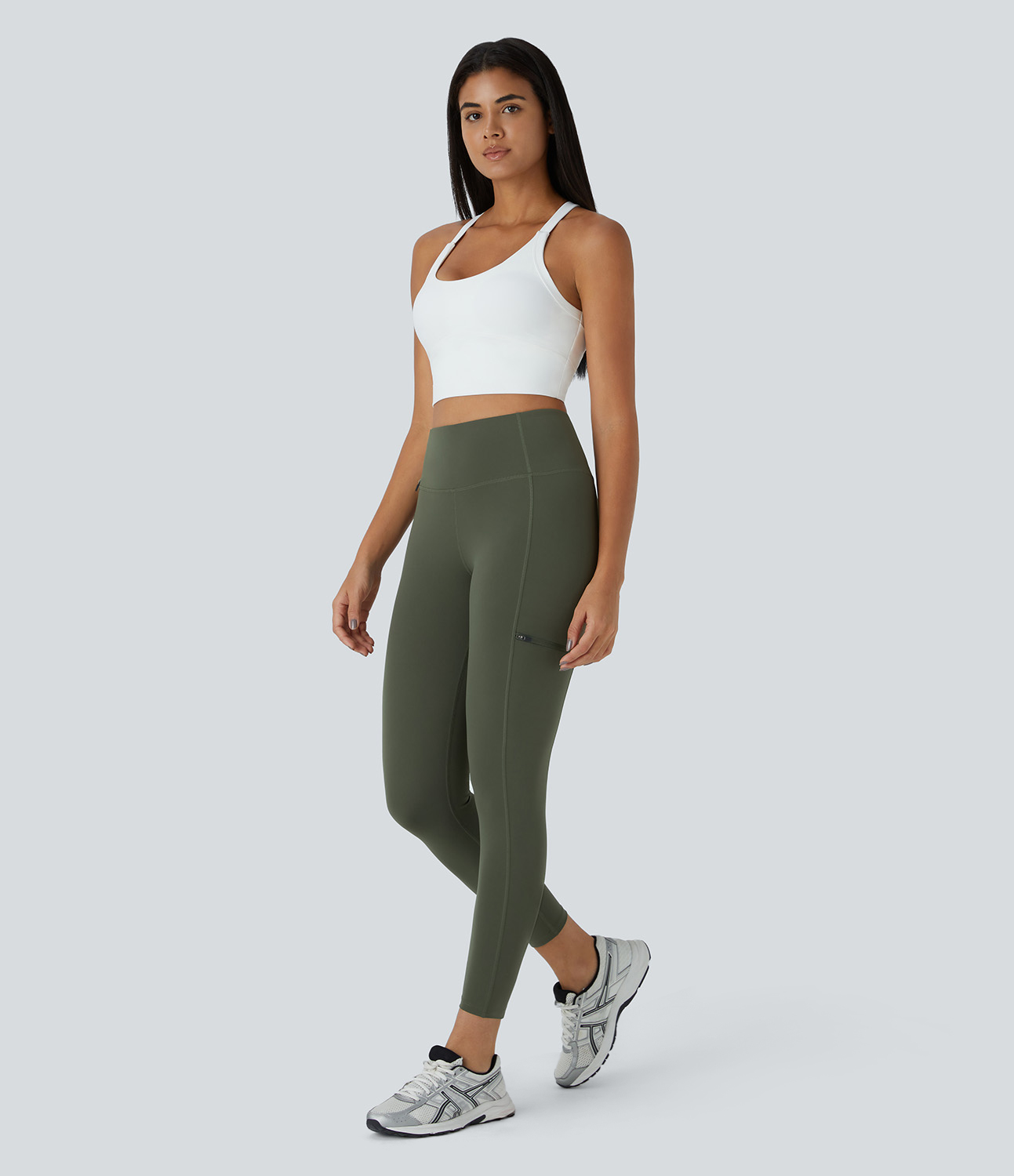 Halara High Waisted Multiple Zipper Pockets 7/8 Running Leggings  - Beachgrass Green - S(7/8) gym leggings leggings with pockets 