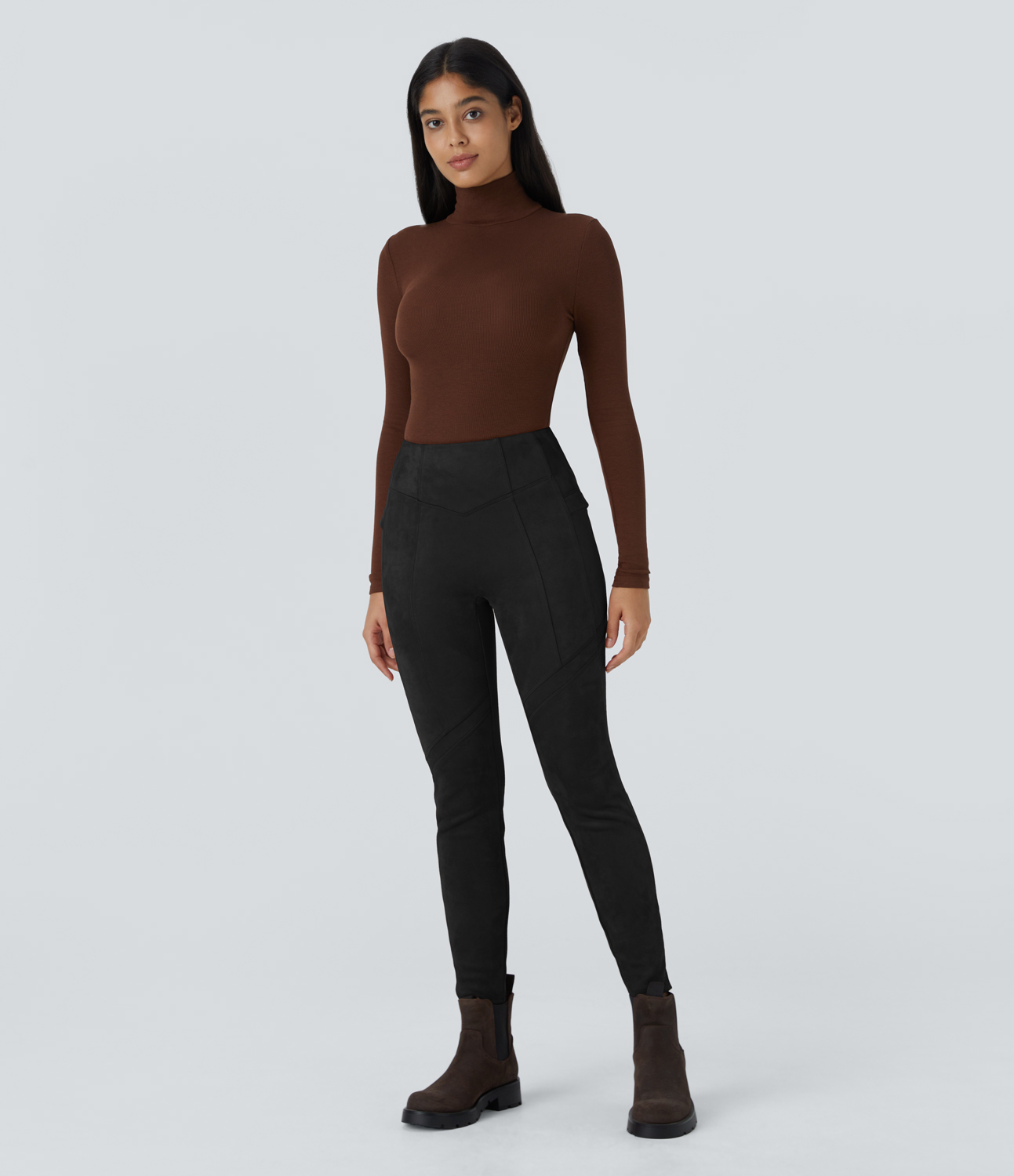 Halara High Waisted Side Pocket Ankle Length Suede Casual Leggings  - Black - XS(7/8) gym leggings leggings with pockets 