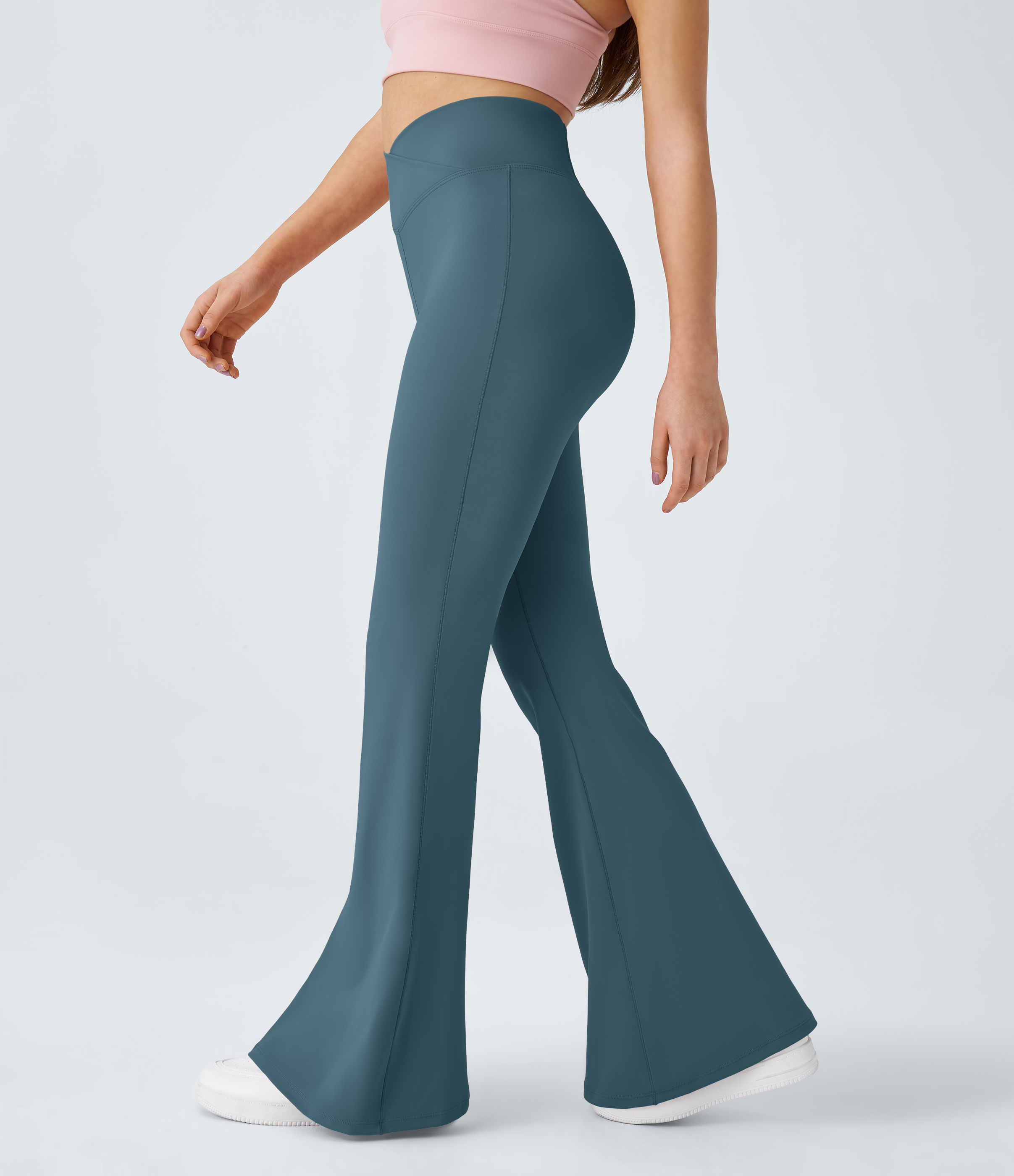 Halara Crossover High Waisted Back Pocket Super Flare Leggings  - Blue Ashes - L(petite) gym leggings leggings with pockets 
