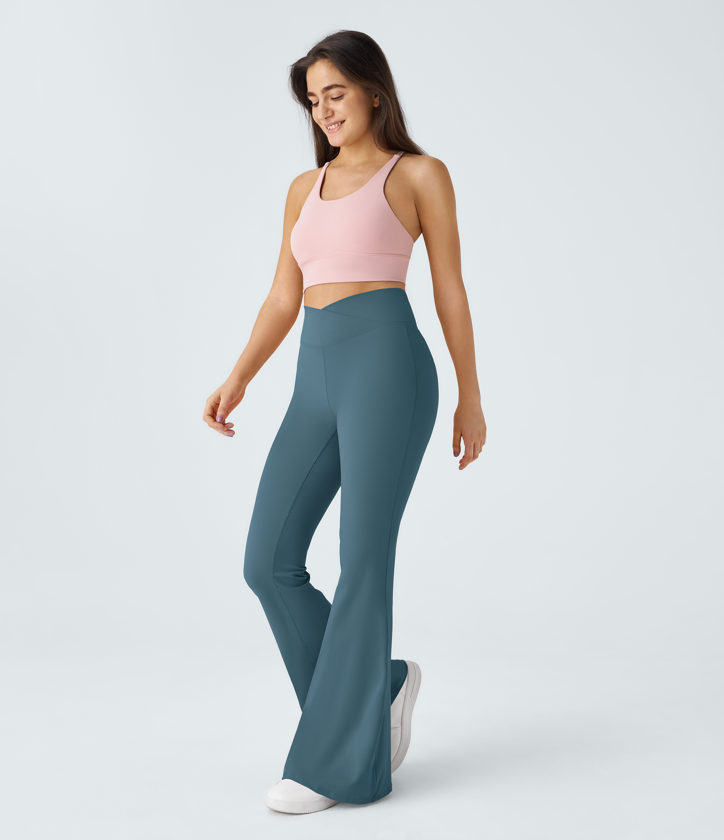 Halara Crossover High Waisted Back Pocket Super Flare Leggings  - Blue Ashes - L(petite) gym leggings leggings with pockets 