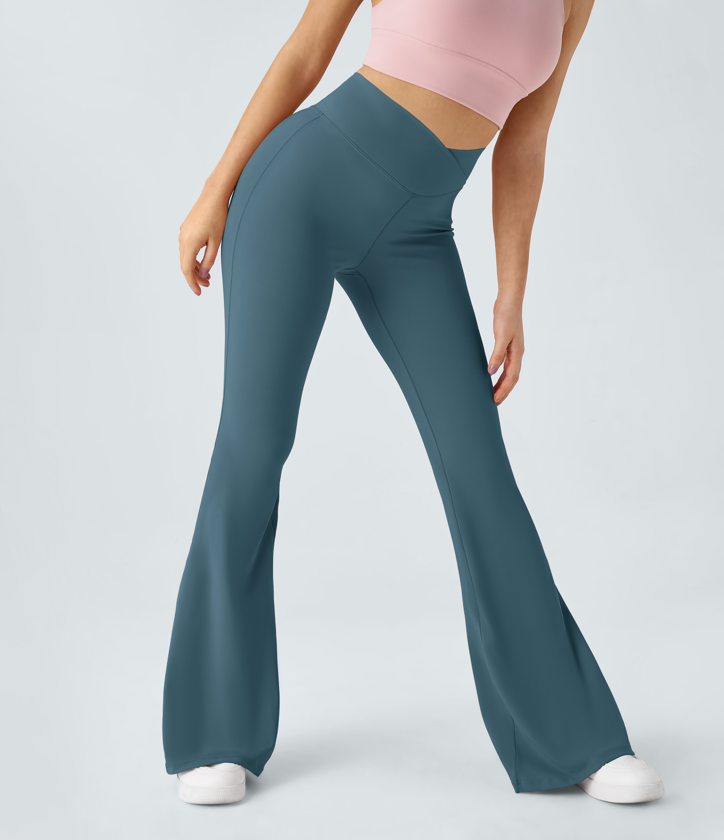 Halara Crossover High Waisted Back Pocket Super Flare Leggings  - Blue Ashes - L(petite) gym leggings leggings with pockets 