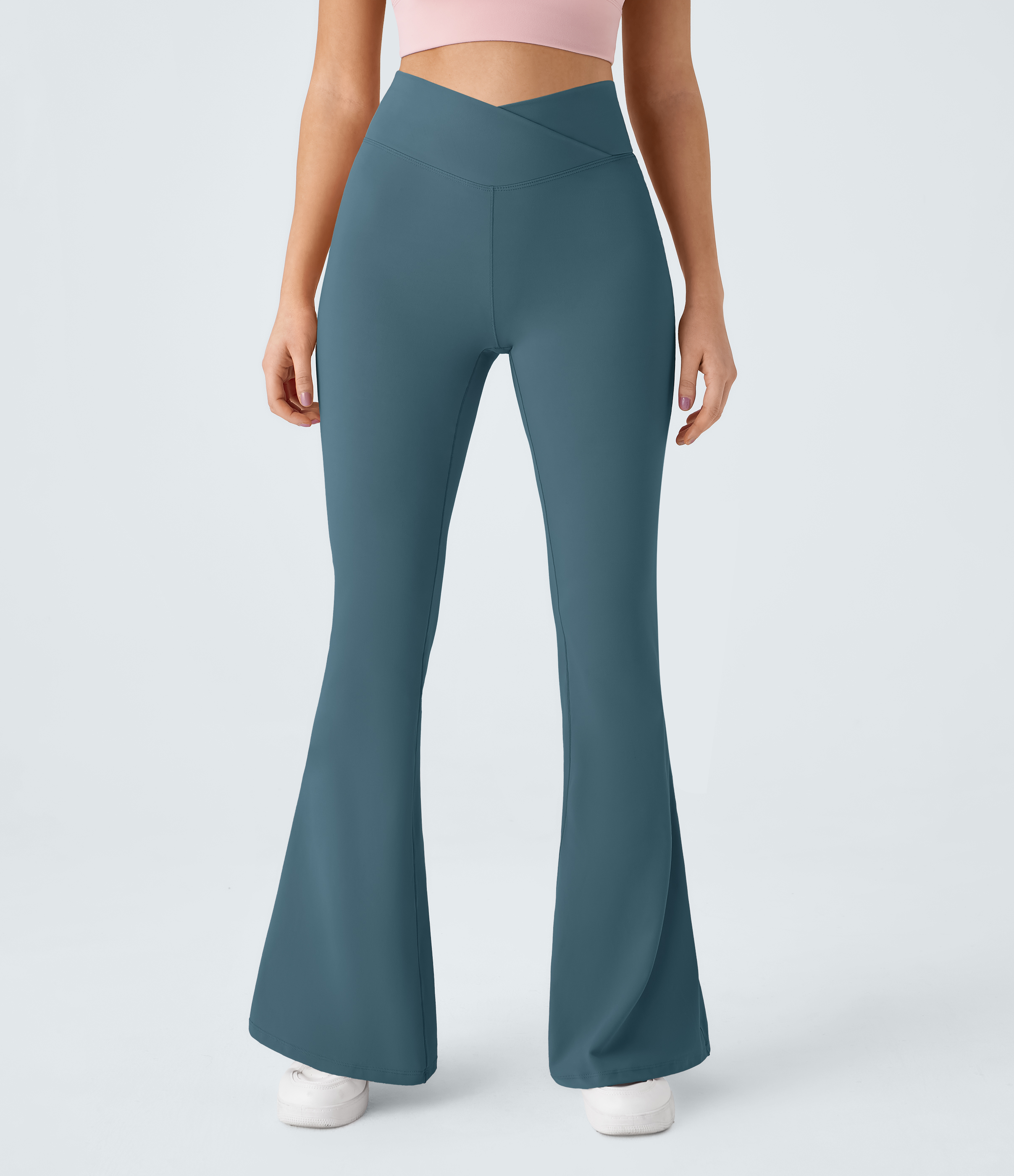 Halara Crossover High Waisted Back Pocket Super Flare Leggings  - Blue Ashes - L(petite) gym leggings leggings with pockets 
