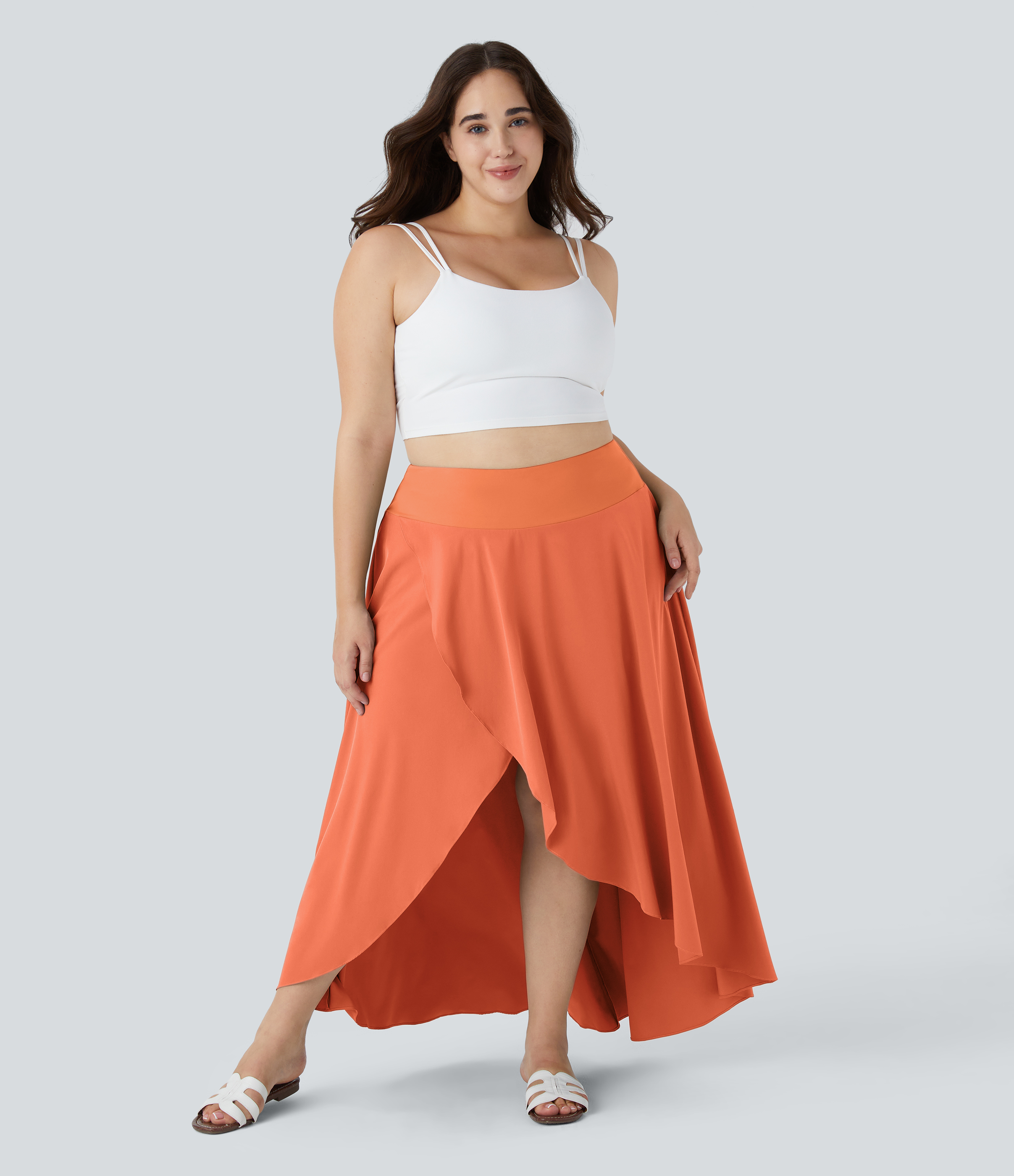 Halara Breezefulв„ў High Waisted High Low Ruffle 2-in-1 Flowy Midi Quick Dry Casual Plus Size Skirt  - Blush Orange - 3X(regular) 