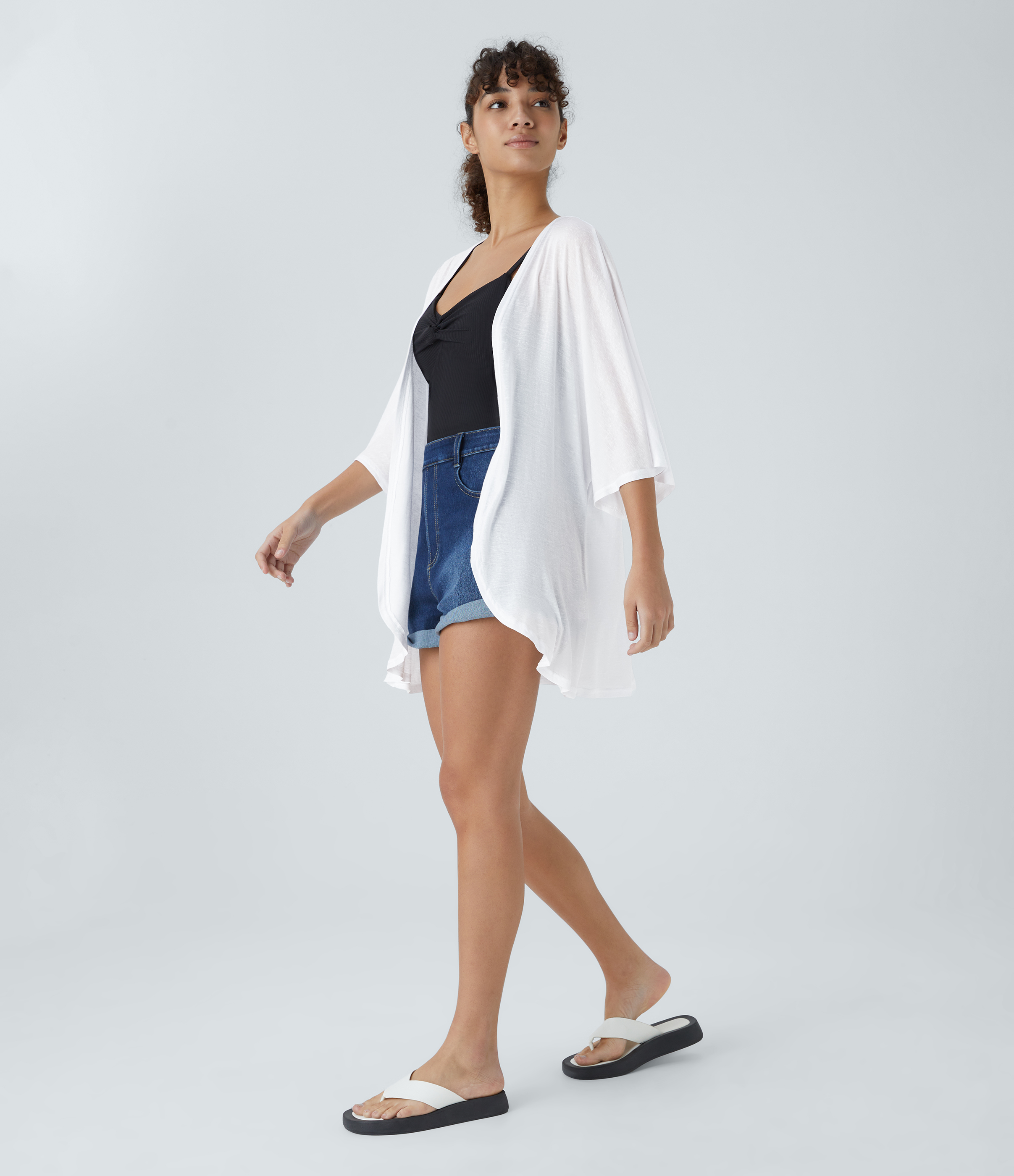 Halara Sheer Three Quarter Sleeve Casual Kimono Cardigan  - White - M 
