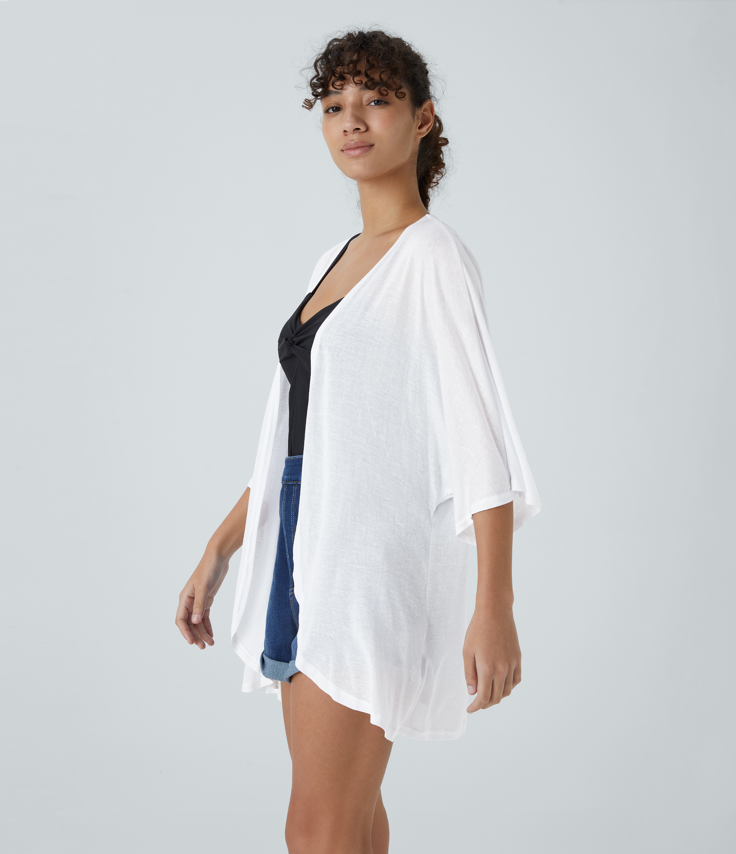 Halara Sheer Three Quarter Sleeve Casual Kimono Cardigan  - White - M 