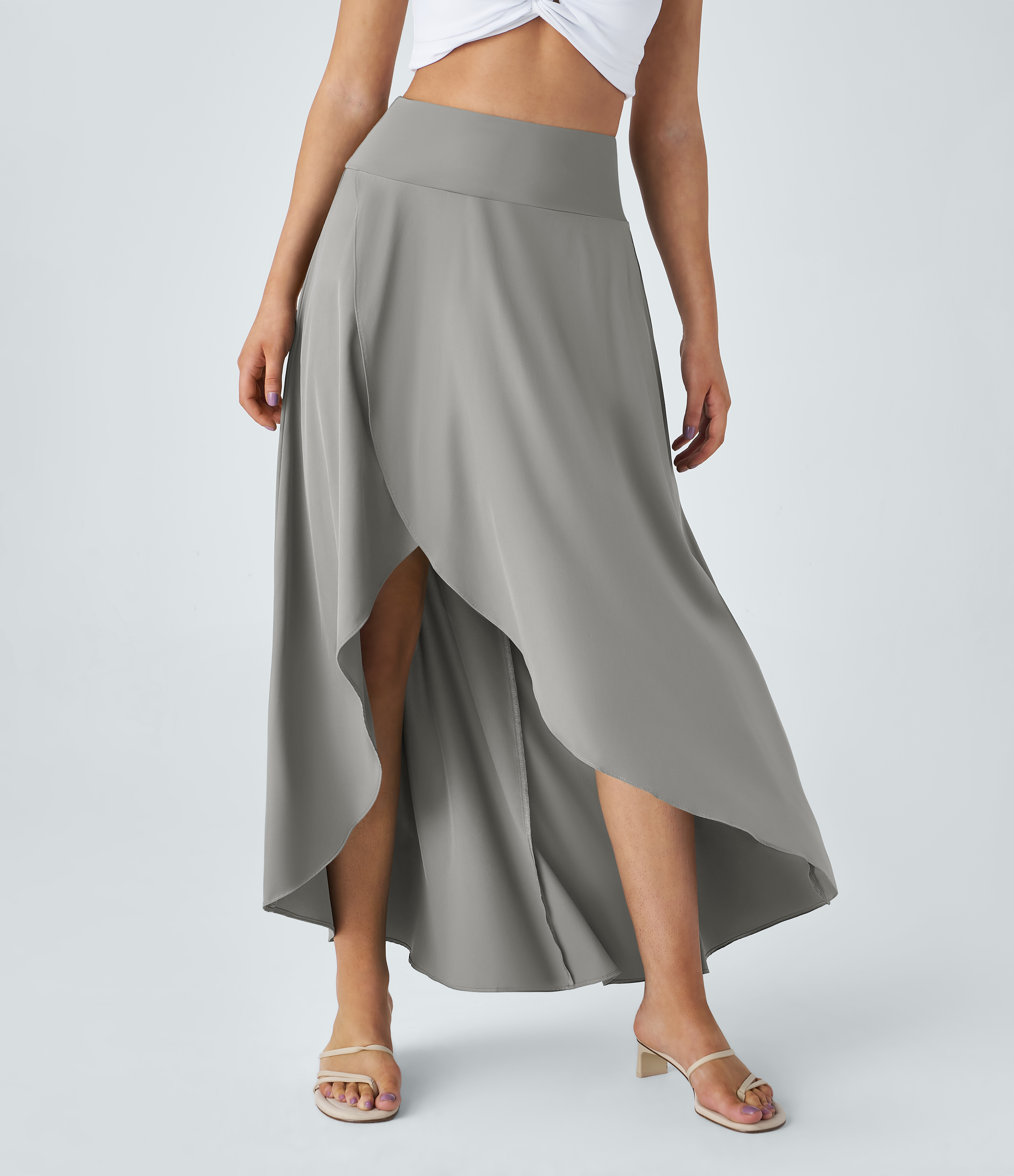 Halara Breezefulв„ў High Waisted High Low Ruffle 2-in-1 Flowy Quick Dry Casual Regular Maxi Skirt  - Ghost Gray - XS(regular) 