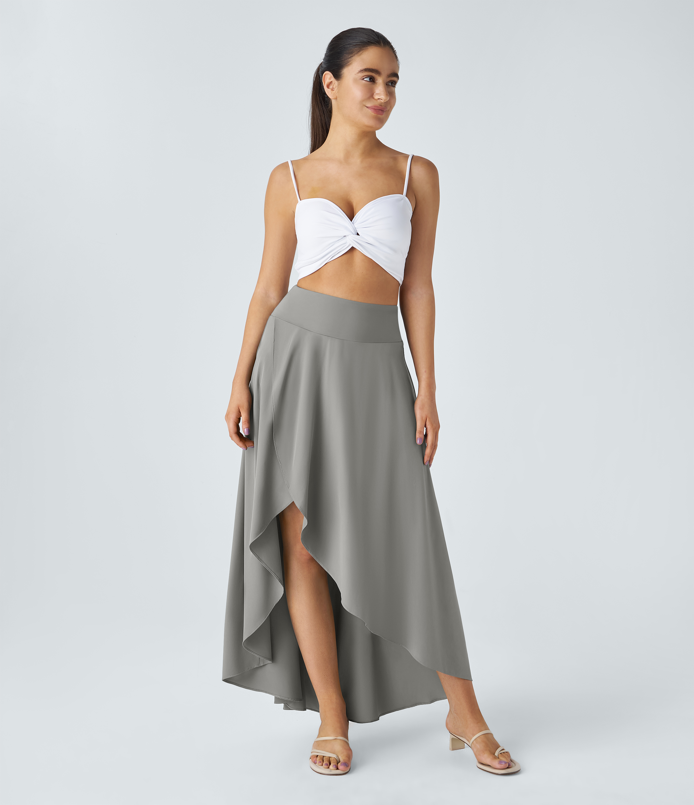 Halara Breezefulв„ў High Waisted High Low Ruffle 2-in-1 Flowy Quick Dry Casual Regular Maxi Skirt  - Ghost Gray - XS(regular) 