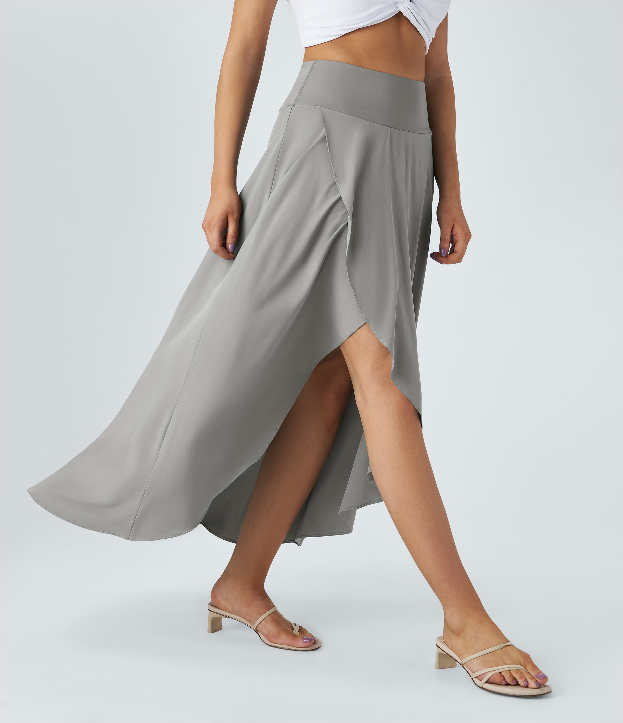 Halara Breezefulв„ў High Waisted High Low Ruffle 2-in-1 Flowy Quick Dry Casual Regular Maxi Skirt  - Ghost Gray - XS(regular) 