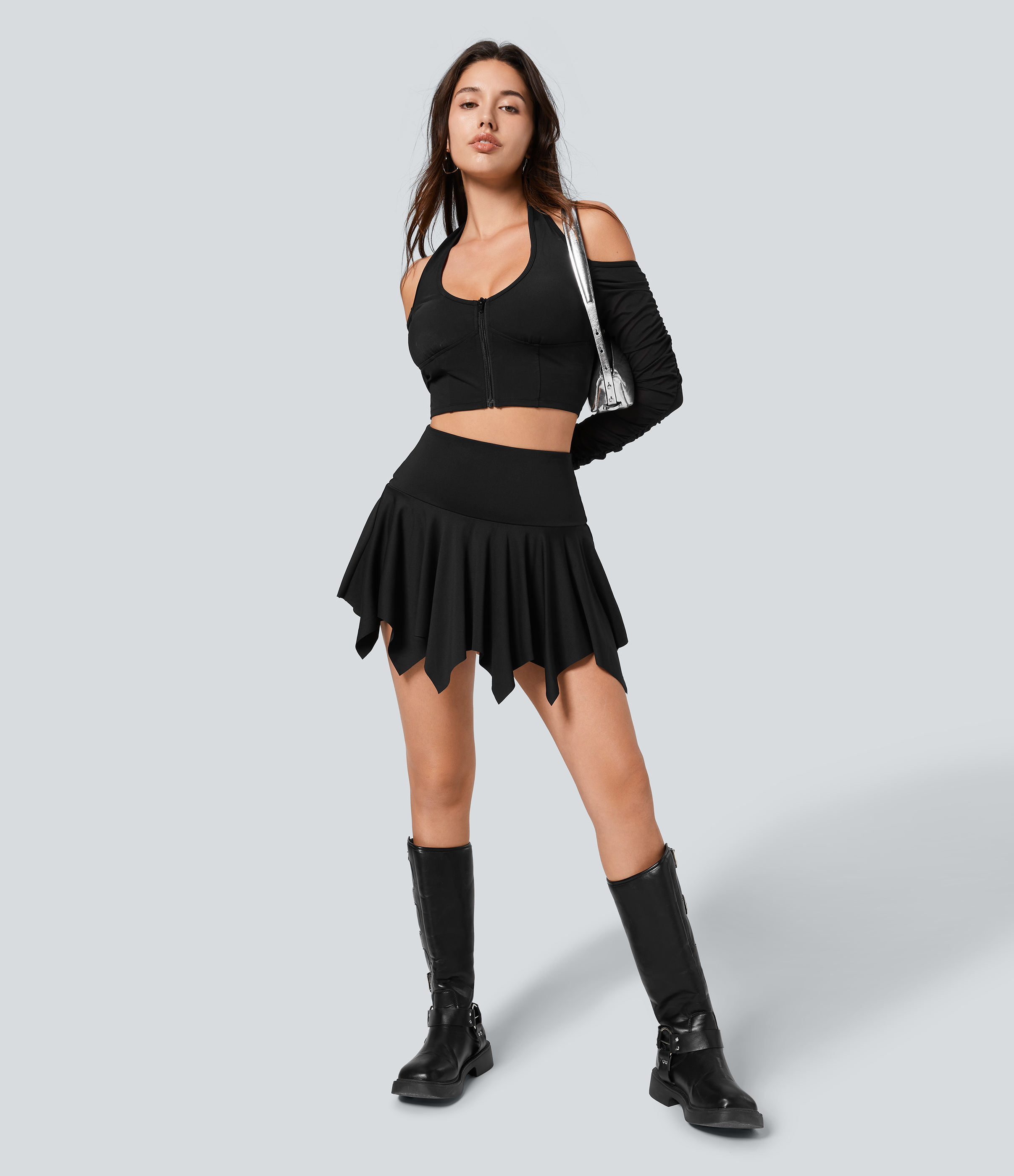 Halara High Waisted 2-in-1 Side Pocket Hanky Hem Micro Mini Dance Skirt  - Black - XS(regular) midi skirt a line skirt golfing skirt 