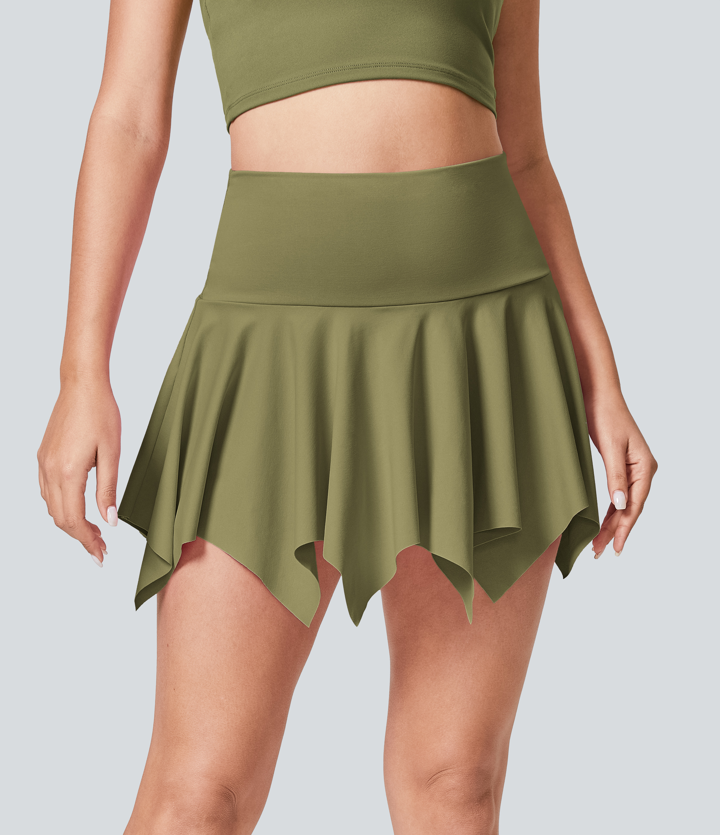 Halara High Waisted 2-in-1 Side Pocket Hanky Hem Micro Mini Dance Skirt  - Capulet Olive - XS(regular) midi skirt a line skirt golfing skirt 