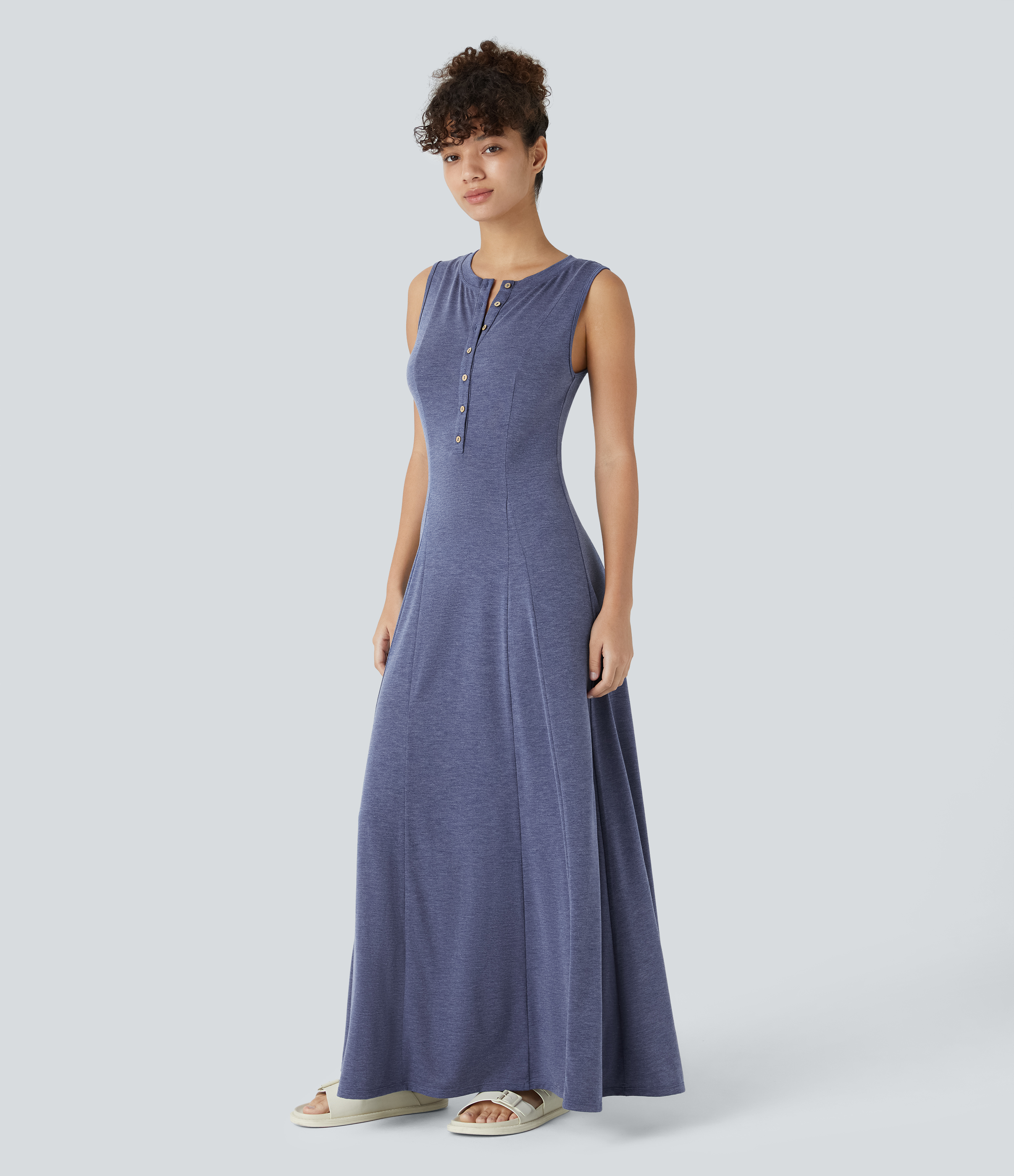 Halara Round Neck Button Sleeveless Flare Maxi Casual Dress Casual Dress - Mottled Indigo - M slip dress beach dress ruched dress 