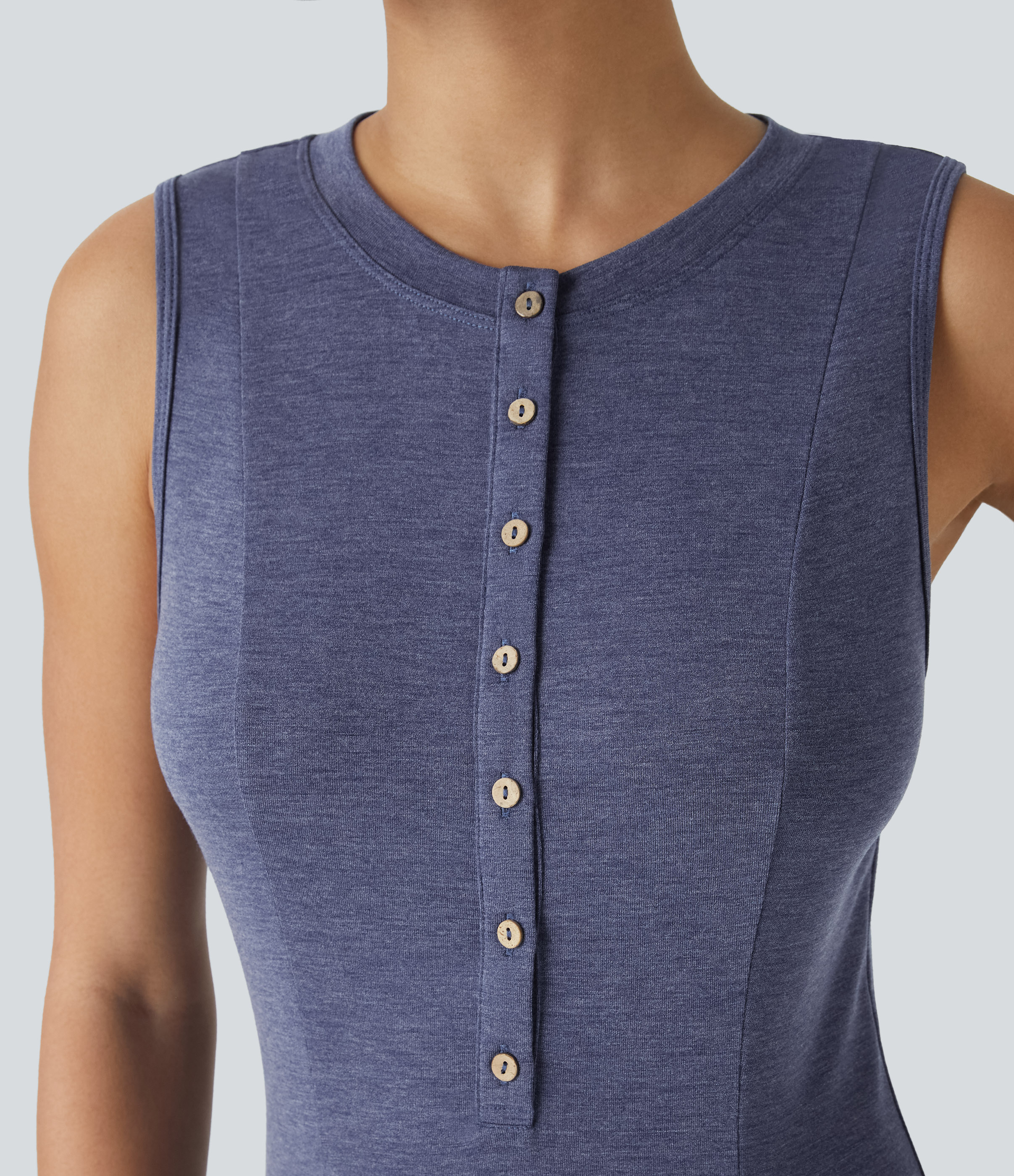 Halara Round Neck Button Sleeveless Flare Maxi Casual Dress Casual Dress - Mottled Indigo - M slip dress beach dress ruched dress 