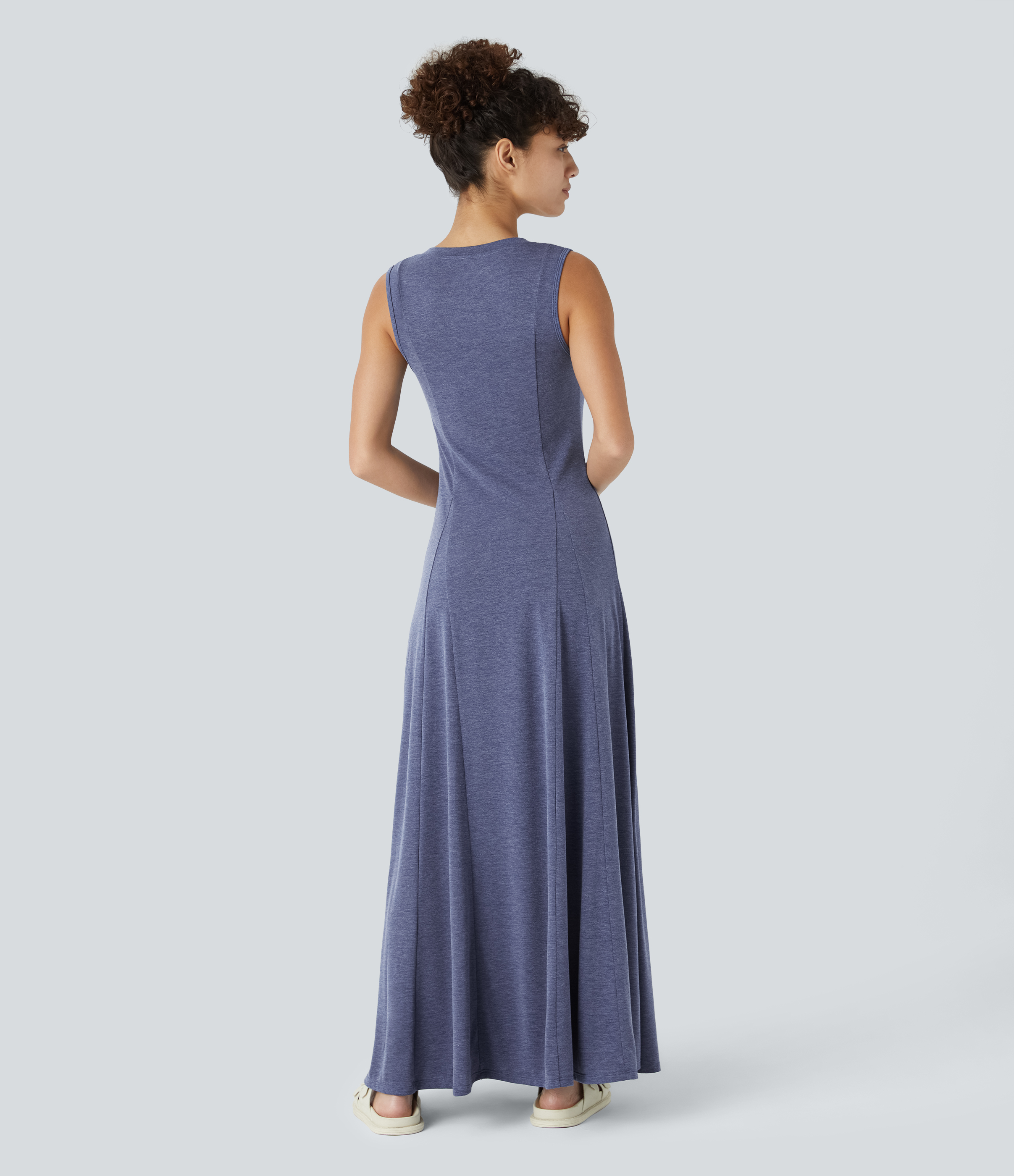 Halara Round Neck Button Sleeveless Flare Maxi Casual Dress Casual Dress - Mottled Indigo - M slip dress beach dress ruched dress 
