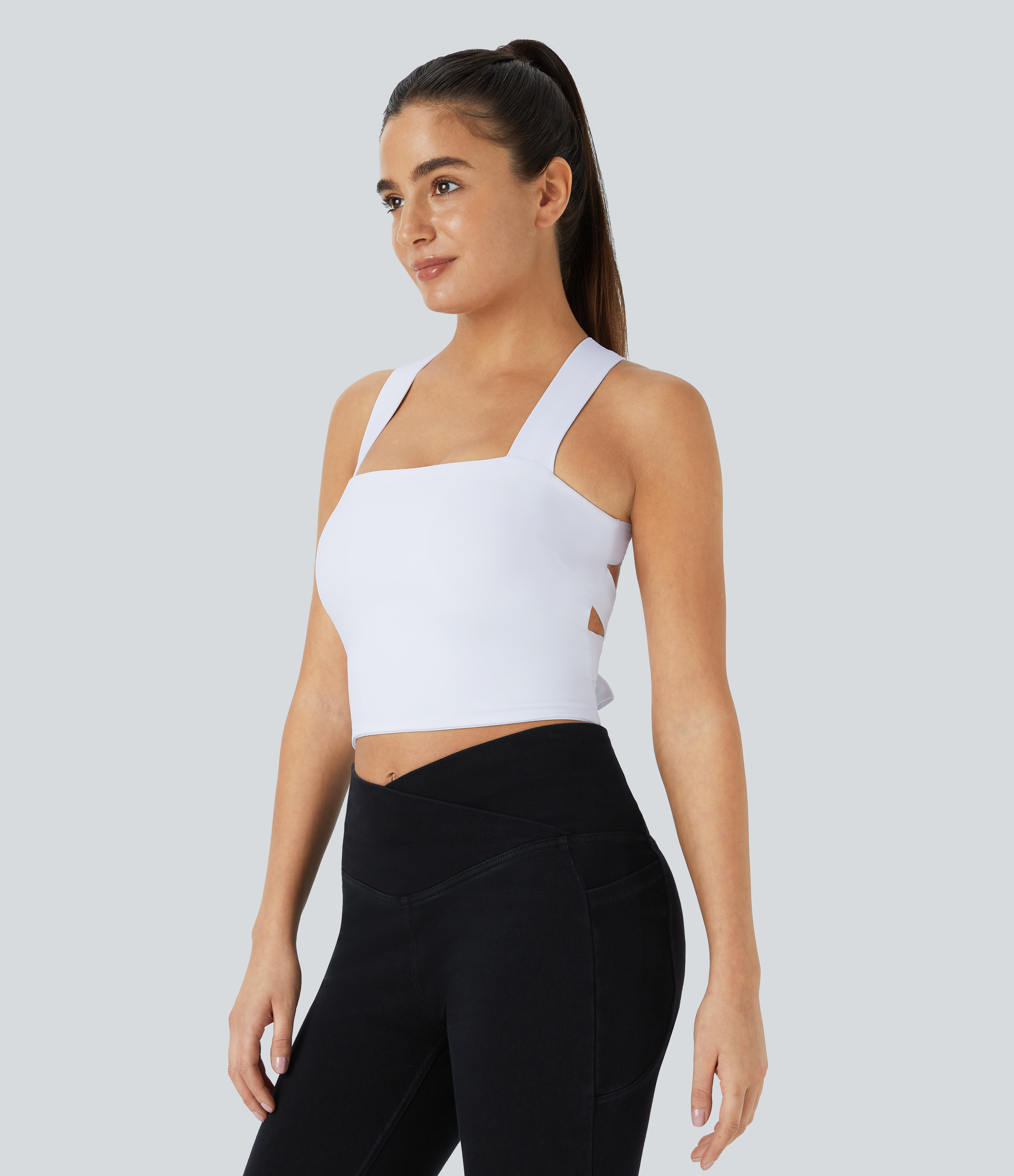 Halara Softlyzeroв„ў Airy Backless Padded Crisscross Tie Back Cool Touch Workout Cropped Tank Top Tank Top - White - XL golf tops halter top 