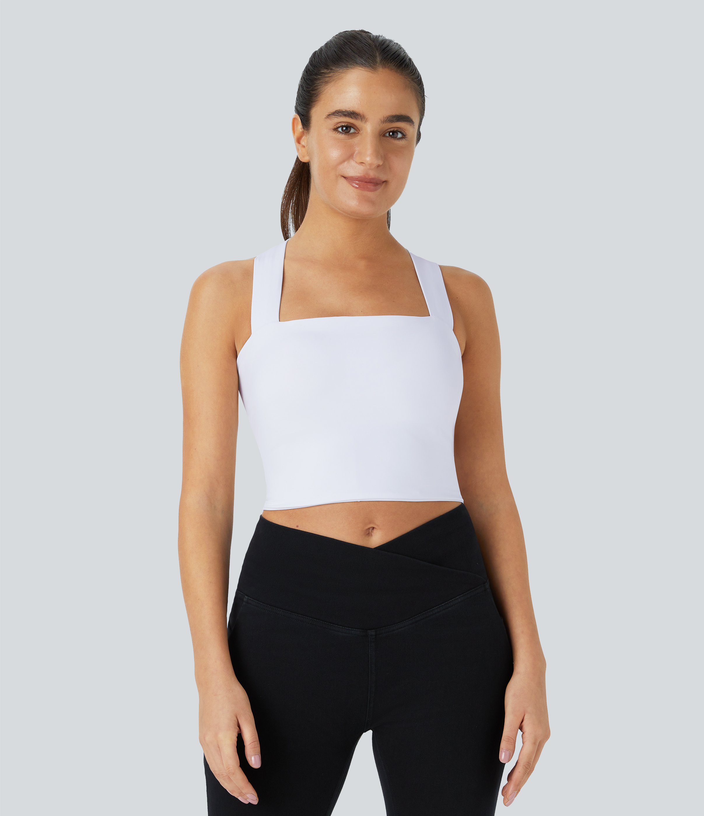 Halara Softlyzeroв„ў Airy Backless Padded Crisscross Tie Back Cool Touch Workout Cropped Tank Top Tank Top - White - XL golf tops halter top 