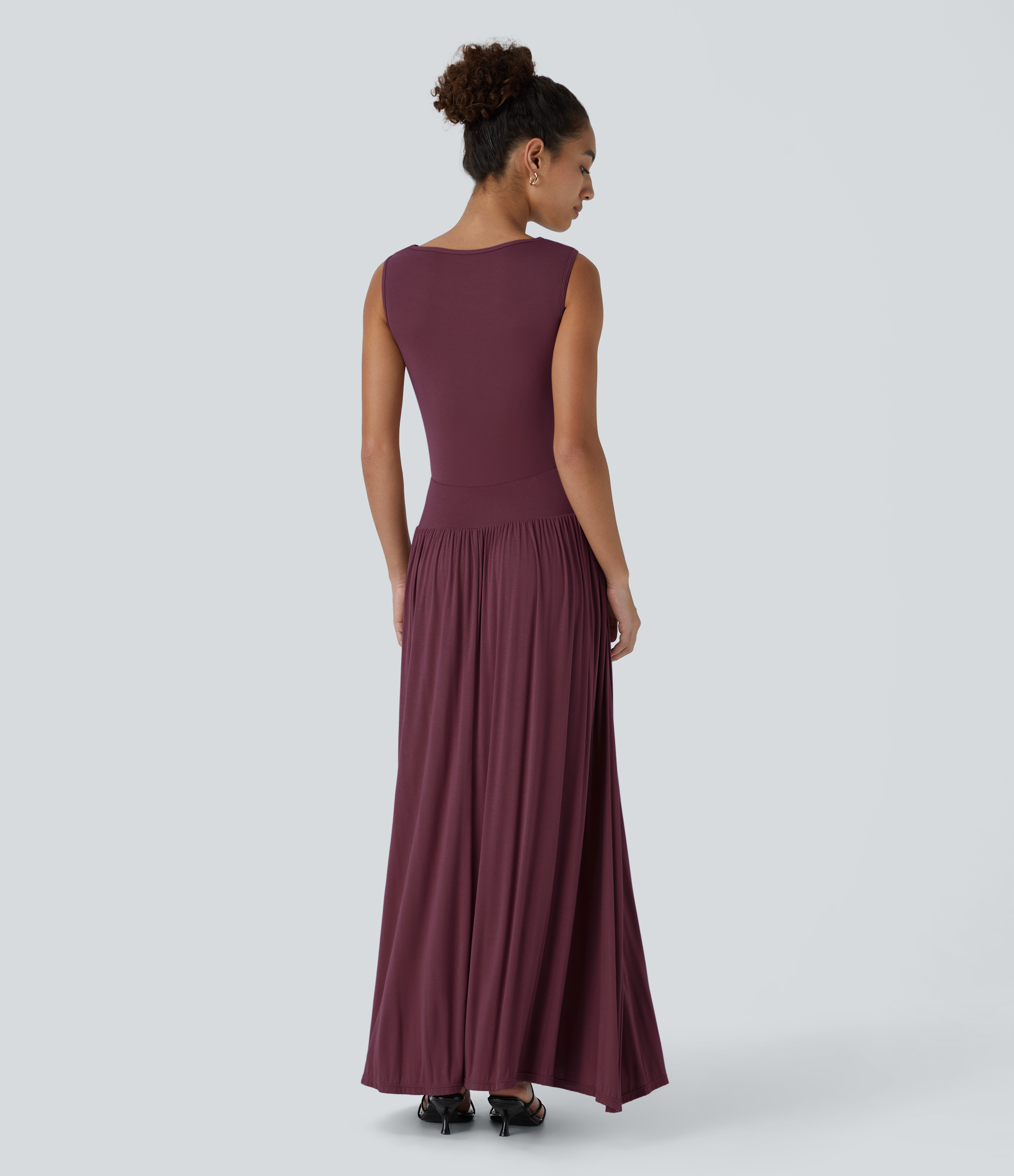 Maroon Banner Ribbed Boat Neck Asymmetric Strap Ruched Side Pocket Flowy Maxi Casual Dress / 2