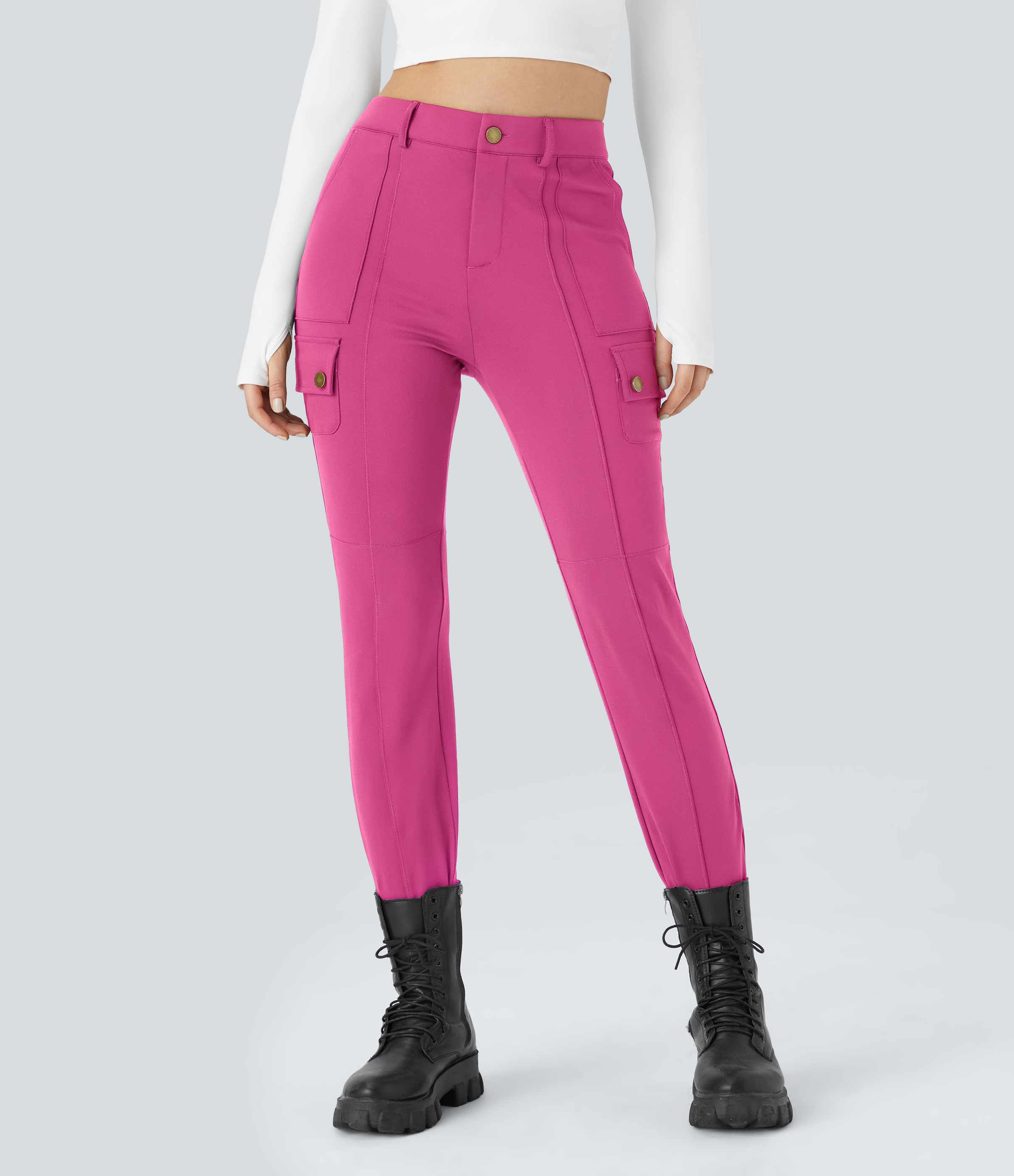 Halara High Waisted Button Zipper Multiple Pockets Solid Skinny Hiking Cargo Pants  - Raspberry Rose - XL(petite) 