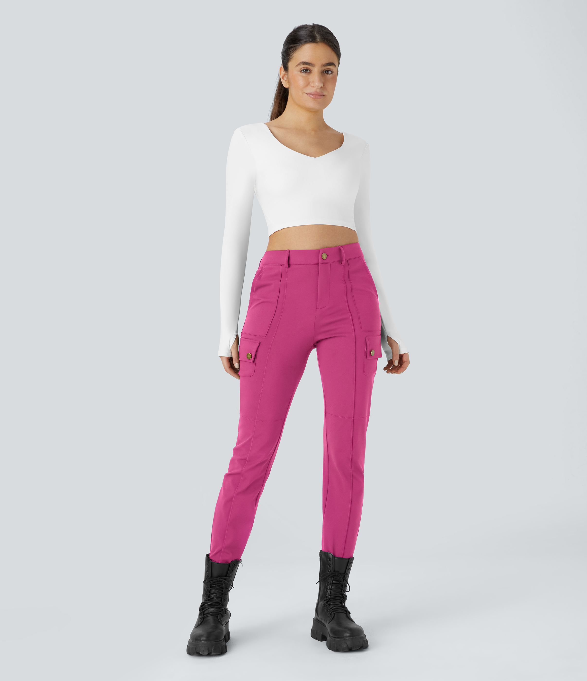 Halara High Waisted Button Zipper Multiple Pockets Solid Skinny Hiking Cargo Pants  - Raspberry Rose - XL(petite) 