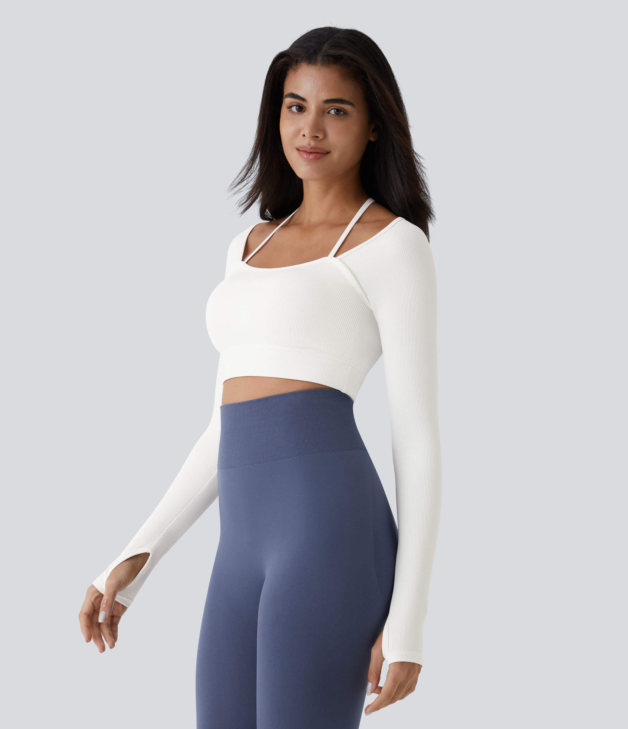 Halara Ribbed Halter Strap Thumb Hole Cropped Yoga Sports Top  - White - M 