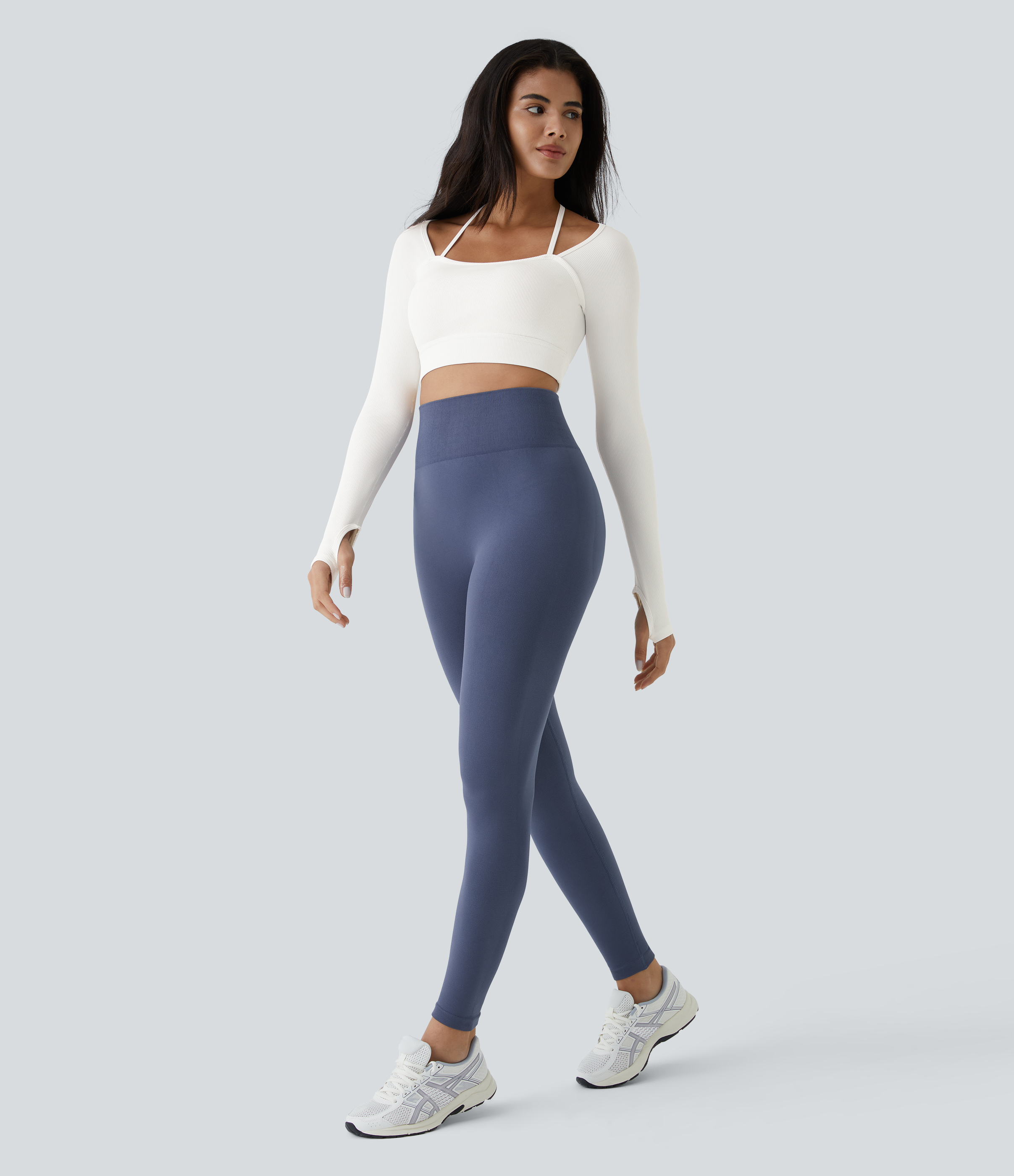 Halara Ribbed Halter Strap Thumb Hole Cropped Yoga Sports Top  - White - M 