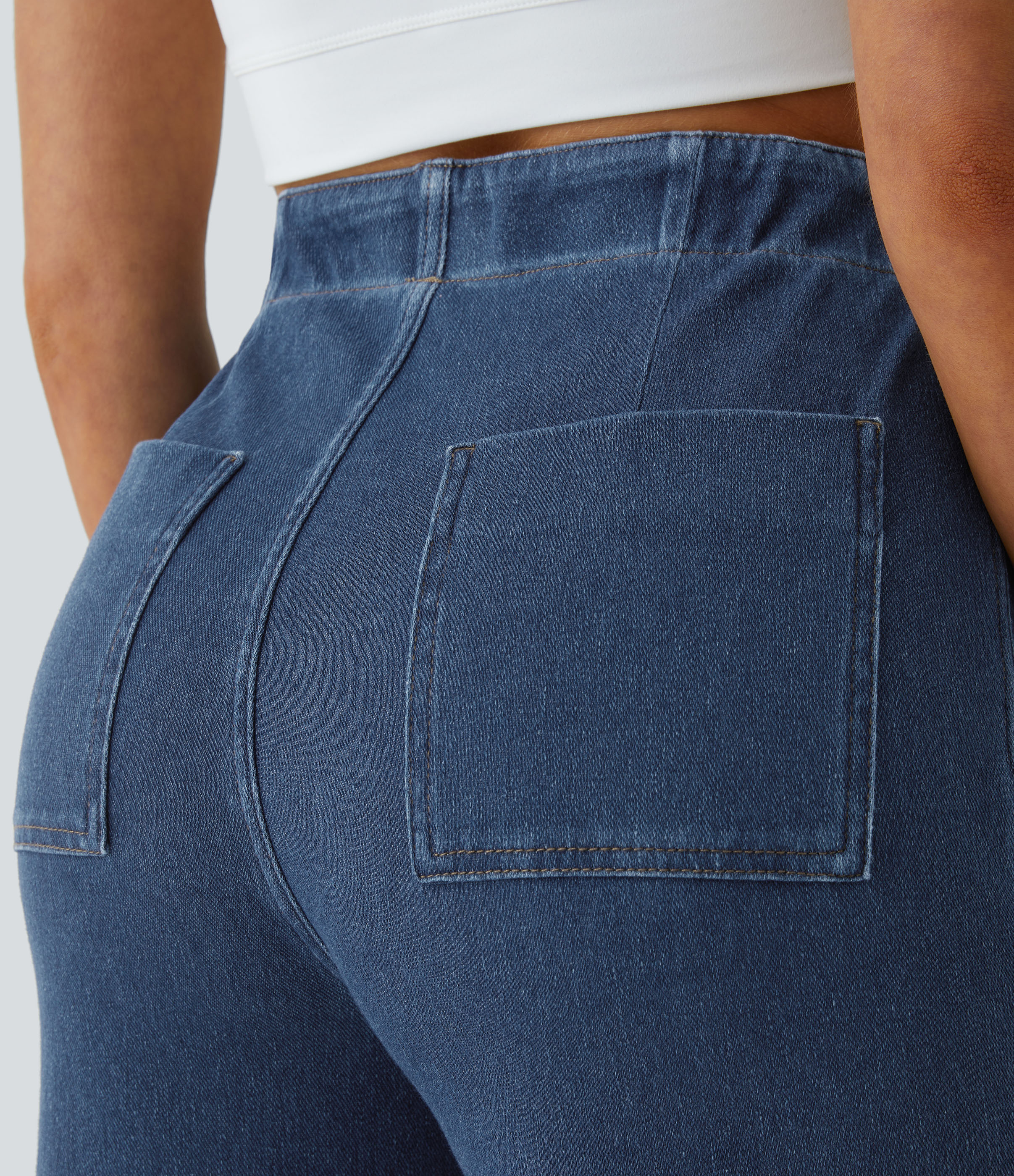 Halara HalaraMagicв„ў High Waisted Button Pockets Washed Stretchy Knit Denim Casual Wide Leg Pants  - Washed Denim Lake Blue - L sweatpants 