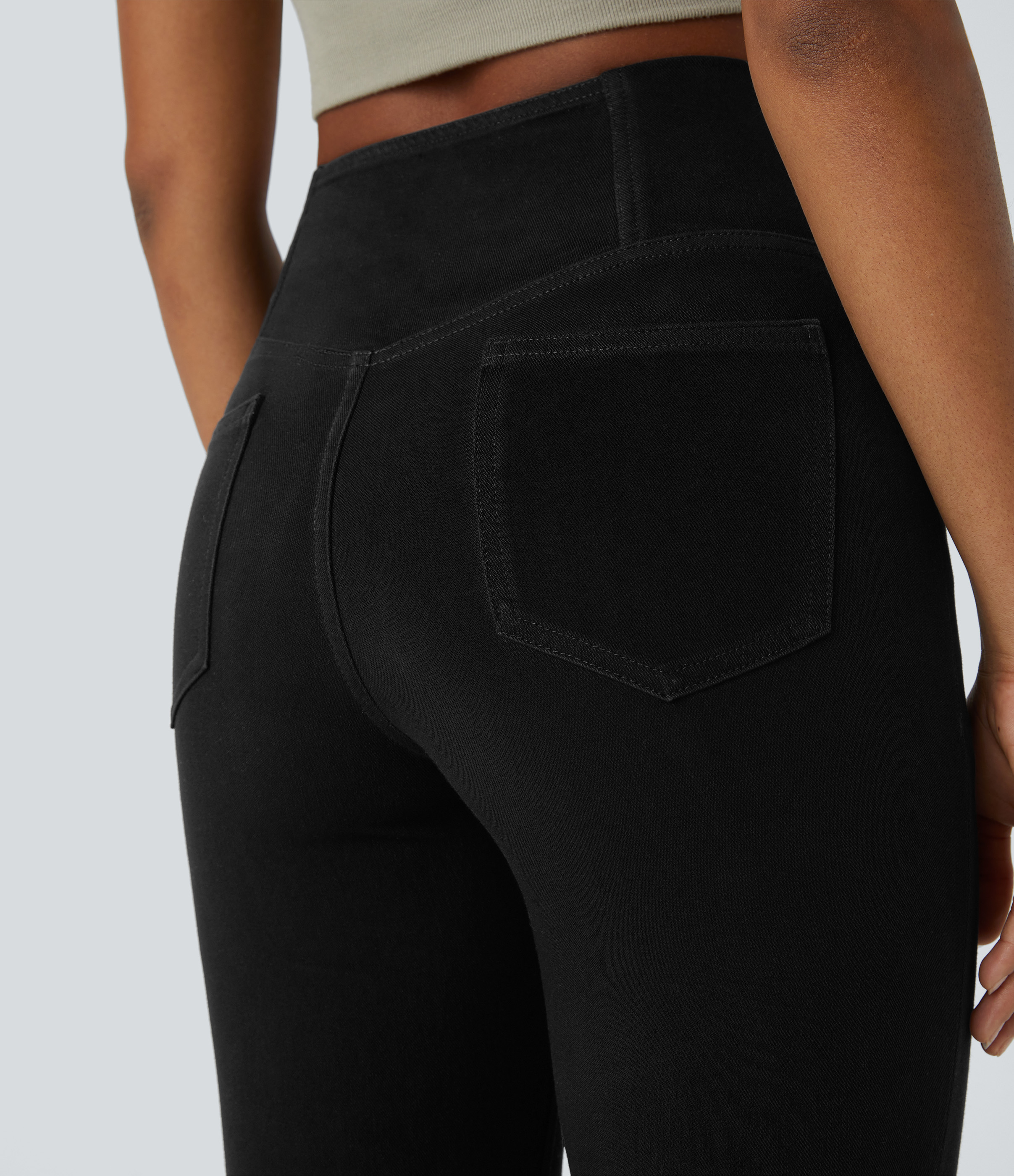 Halara HalaraMagicв„ў High Waisted Crossover Pocket Cool Touch Breathable Washed Stretchy Knit Denim Casual Super Flare Pants  - Black - XS 