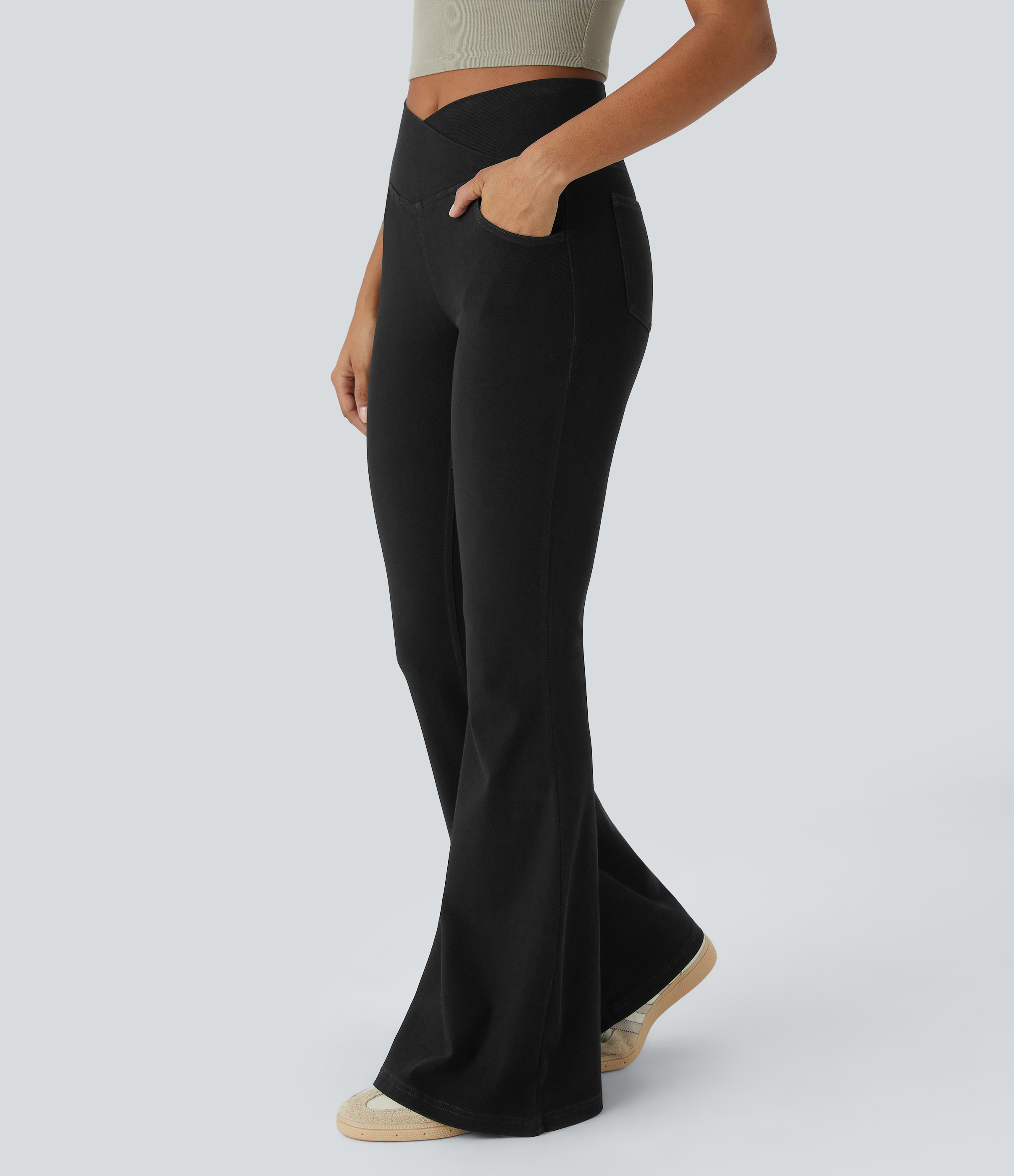 Halara HalaraMagicв„ў High Waisted Crossover Pocket Cool Touch Breathable Washed Stretchy Knit Denim Casual Super Flare Pants  - Black - XS 