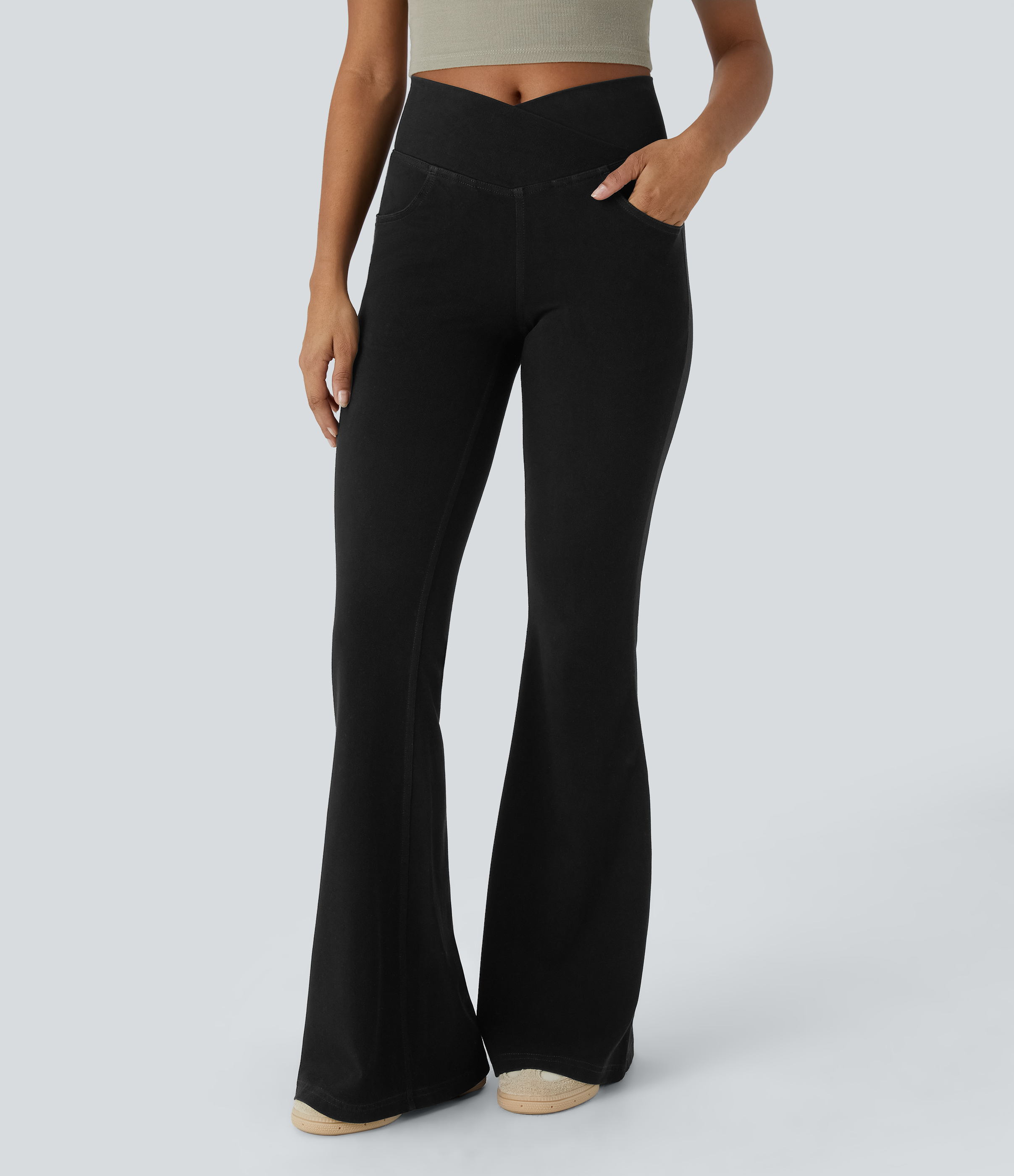 Halara HalaraMagicв„ў High Waisted Crossover Pocket Cool Touch Breathable Washed Stretchy Knit Denim Casual Super Flare Pants  - Black - XS 