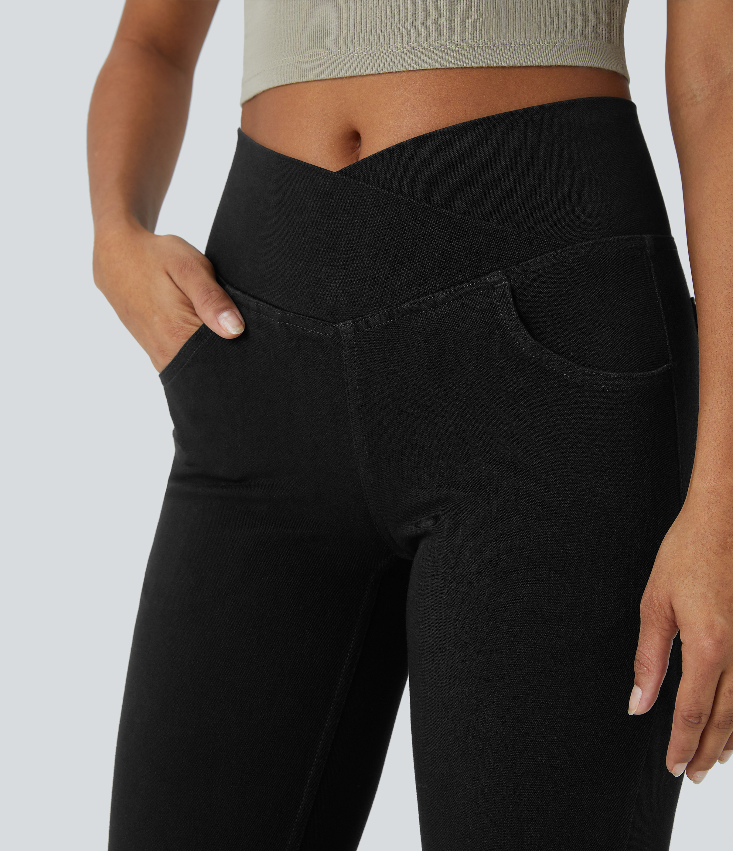 Halara HalaraMagicв„ў High Waisted Crossover Pocket Cool Touch Breathable Washed Stretchy Knit Denim Casual Super Flare Pants  - Black - XS 
