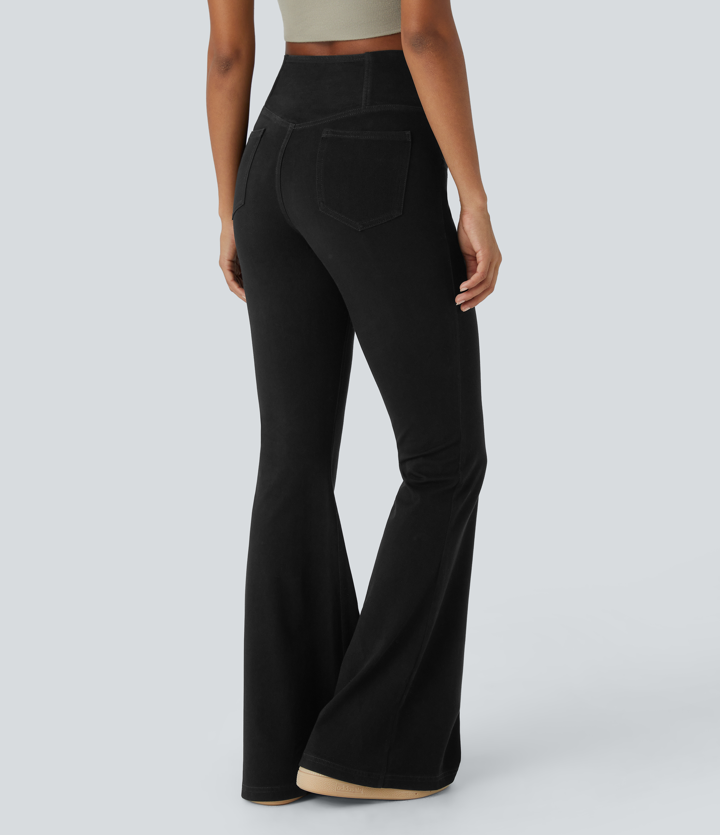 Halara HalaraMagicв„ў High Waisted Crossover Pocket Cool Touch Breathable Washed Stretchy Knit Denim Casual Super Flare Pants  - Black - XS 
