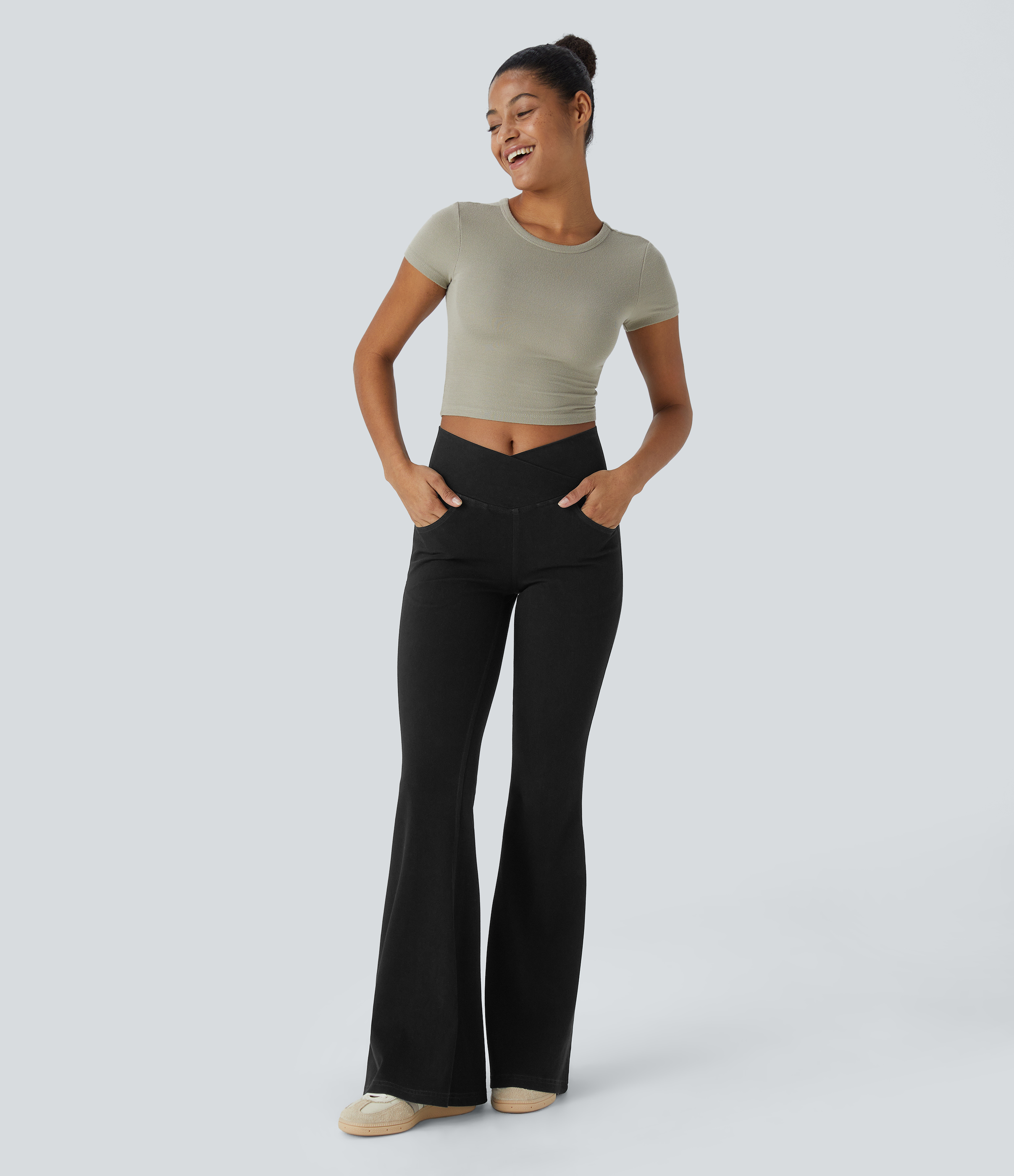 Halara HalaraMagicв„ў High Waisted Crossover Pocket Cool Touch Breathable Washed Stretchy Knit Denim Casual Super Flare Pants  - Black - XS 