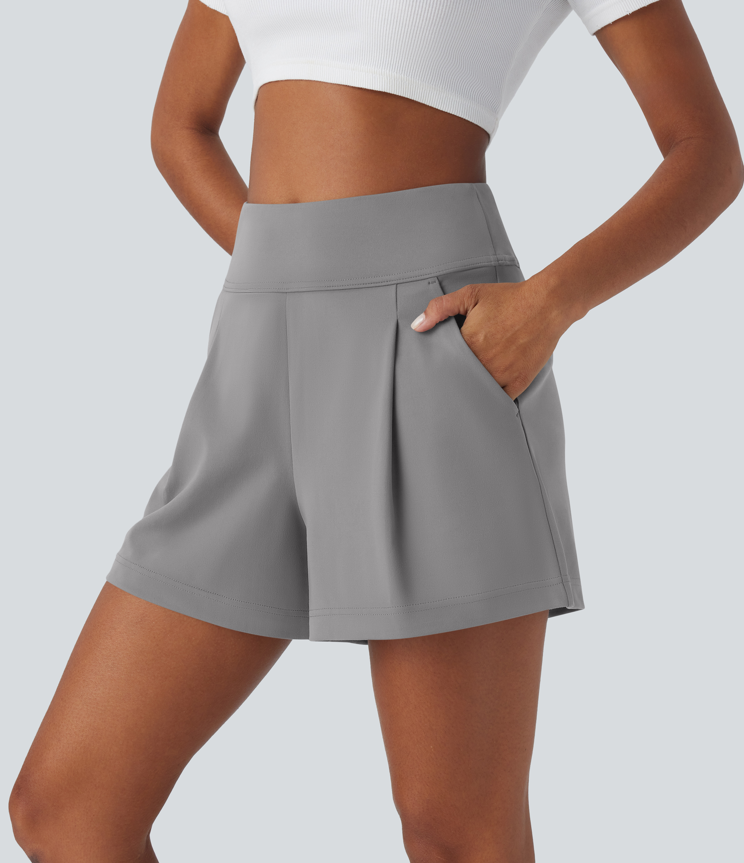 Halara High Waisted Plicated Side Pocket Wide Leg Work Shorts  - Silent Storm - M 
