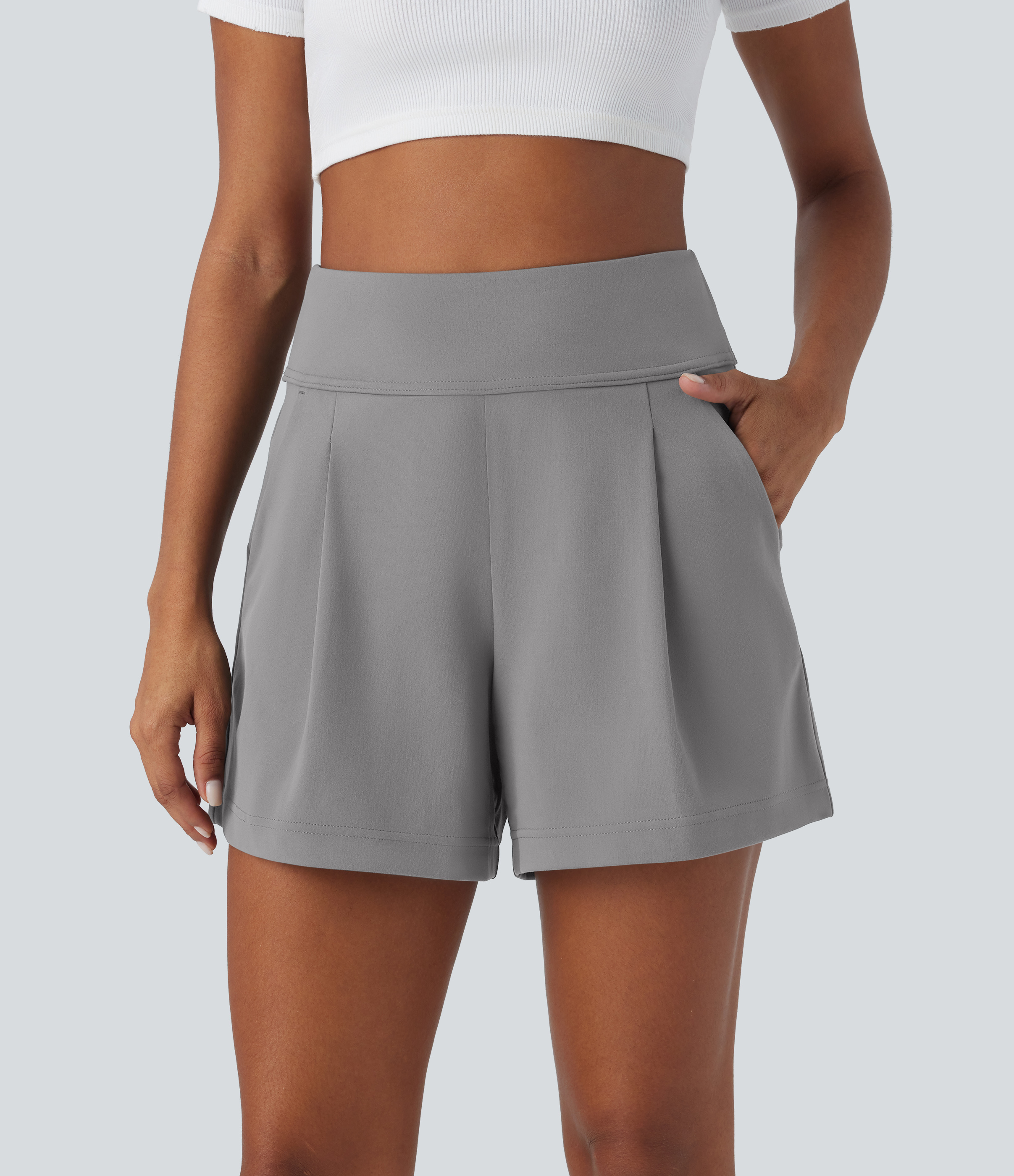 Halara High Waisted Plicated Side Pocket Wide Leg Work Shorts  - Silent Storm - M 