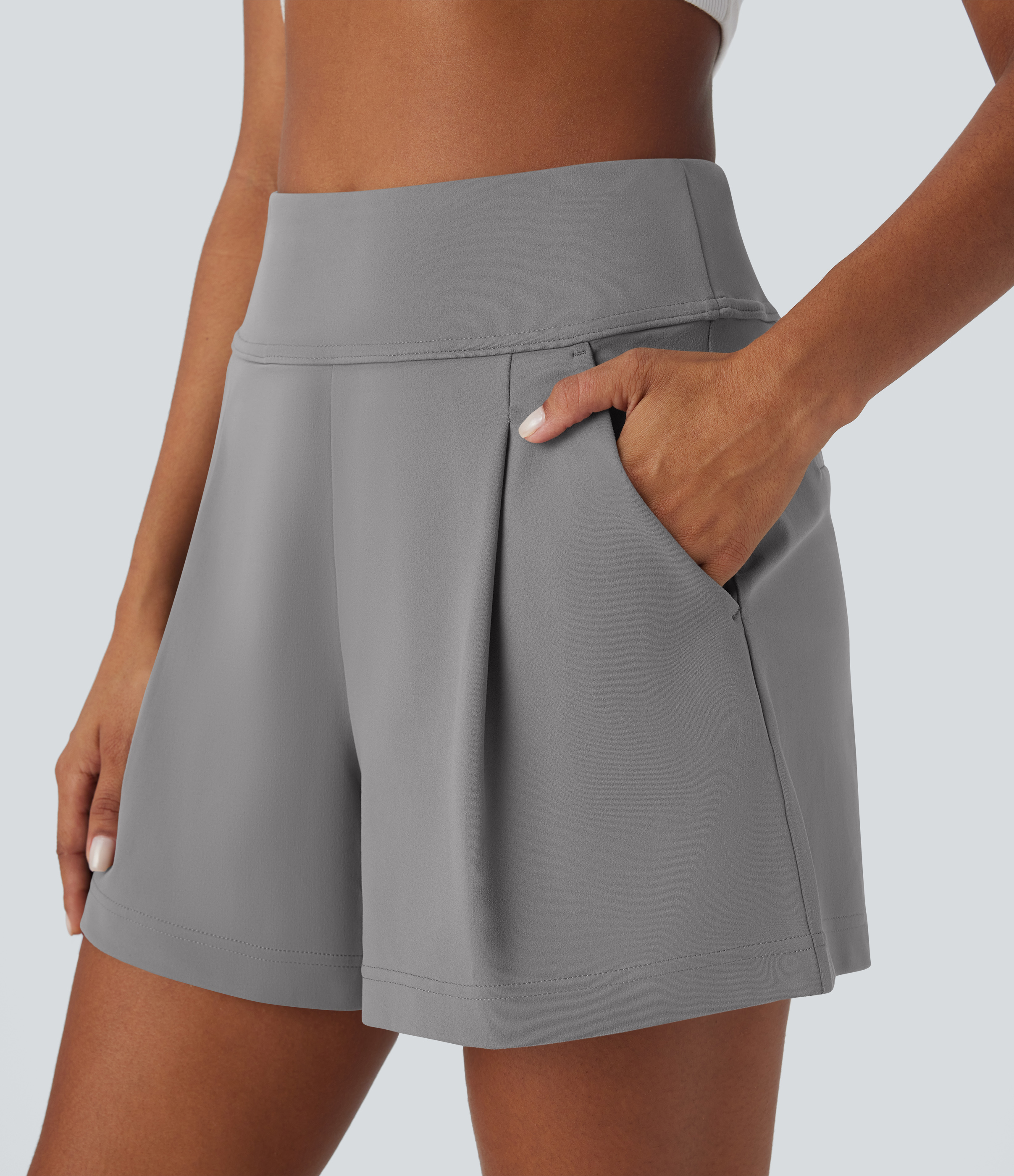 Halara High Waisted Plicated Side Pocket Wide Leg Work Shorts  - Silent Storm - M 