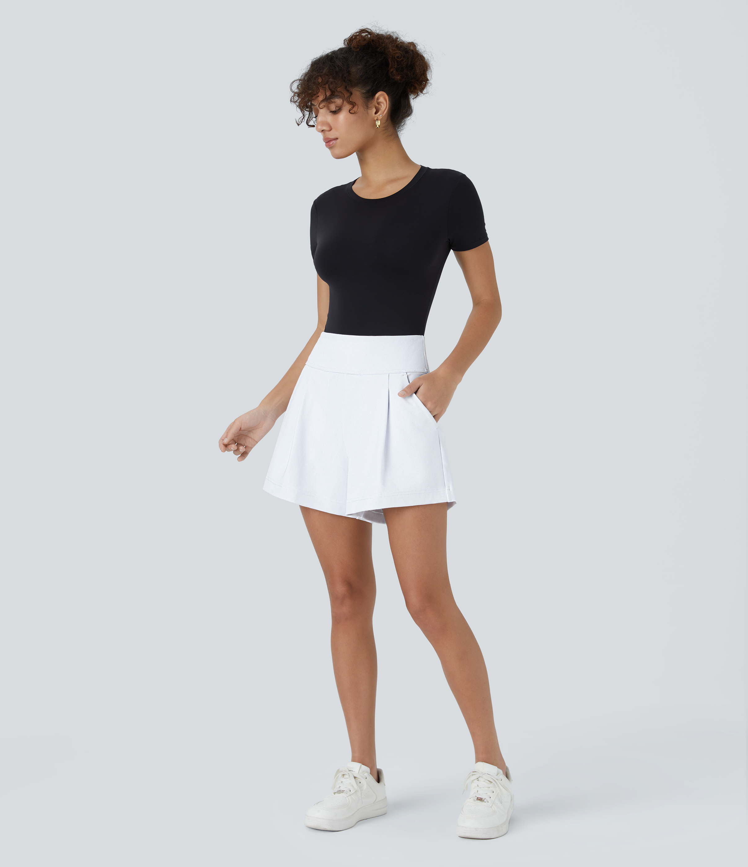 Halara High Waisted Plicated Side Pocket Wide Leg Work Shorts  - White - S 